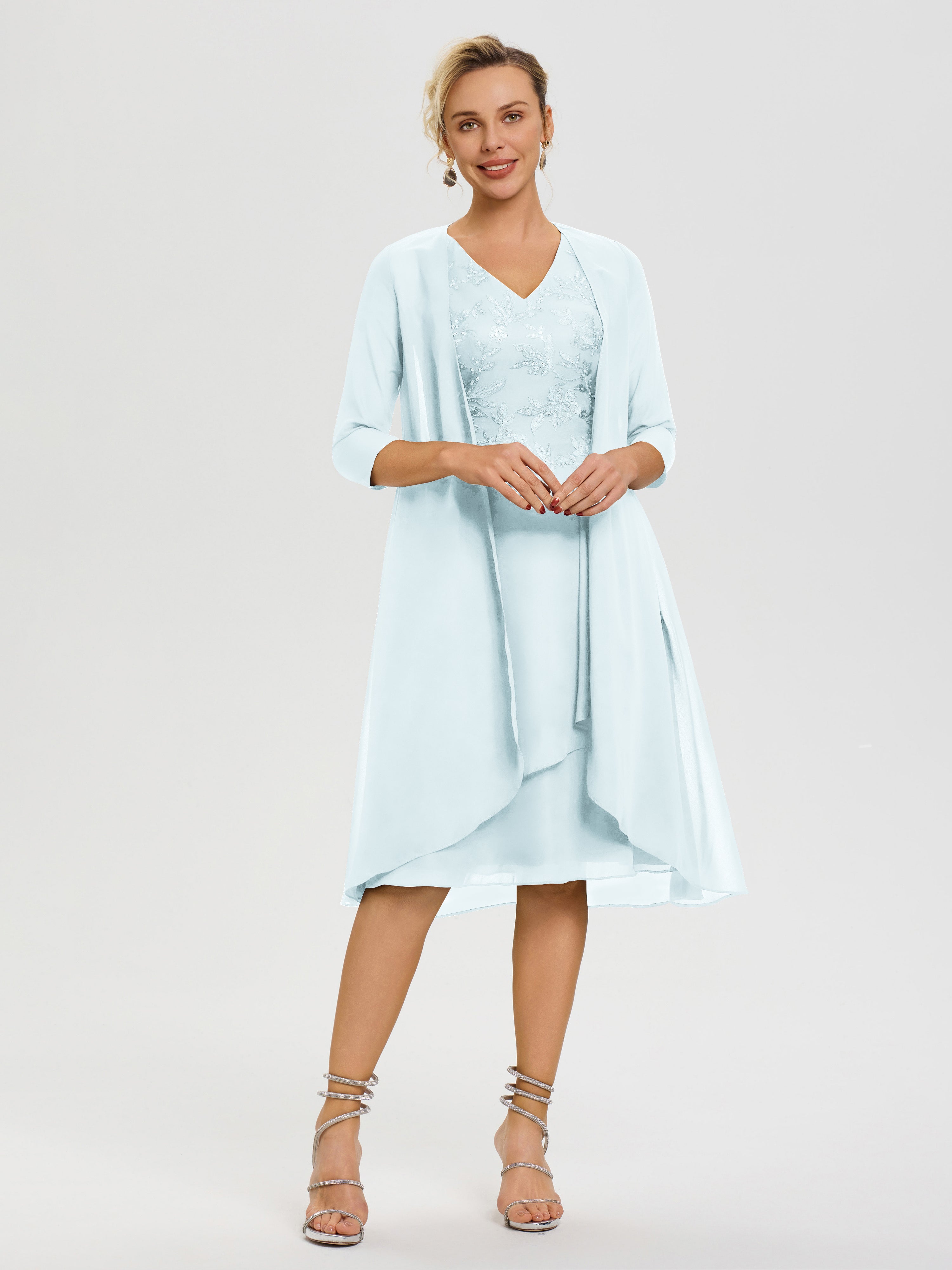 Robe Mère Mariée Brume 2 Pièces Asymétrique Col V Mousseline & Dentelle Tenue Mère De La Mariée Très Chic