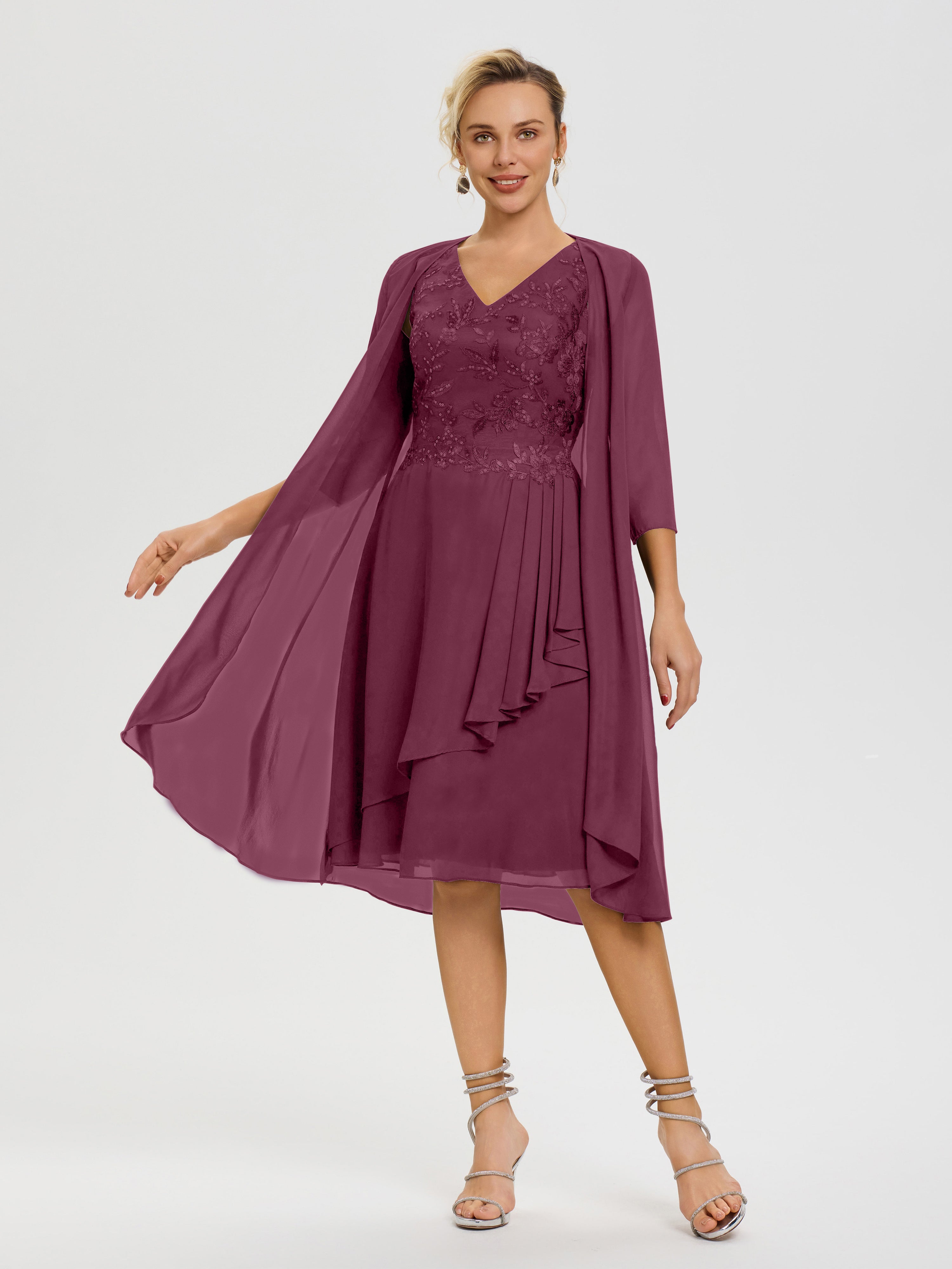 Robe Mère Mariée Mûre 2 Pièces Asymétrique Col V Mousseline & Dentelle Tenue Mère De La Mariée Très Chic