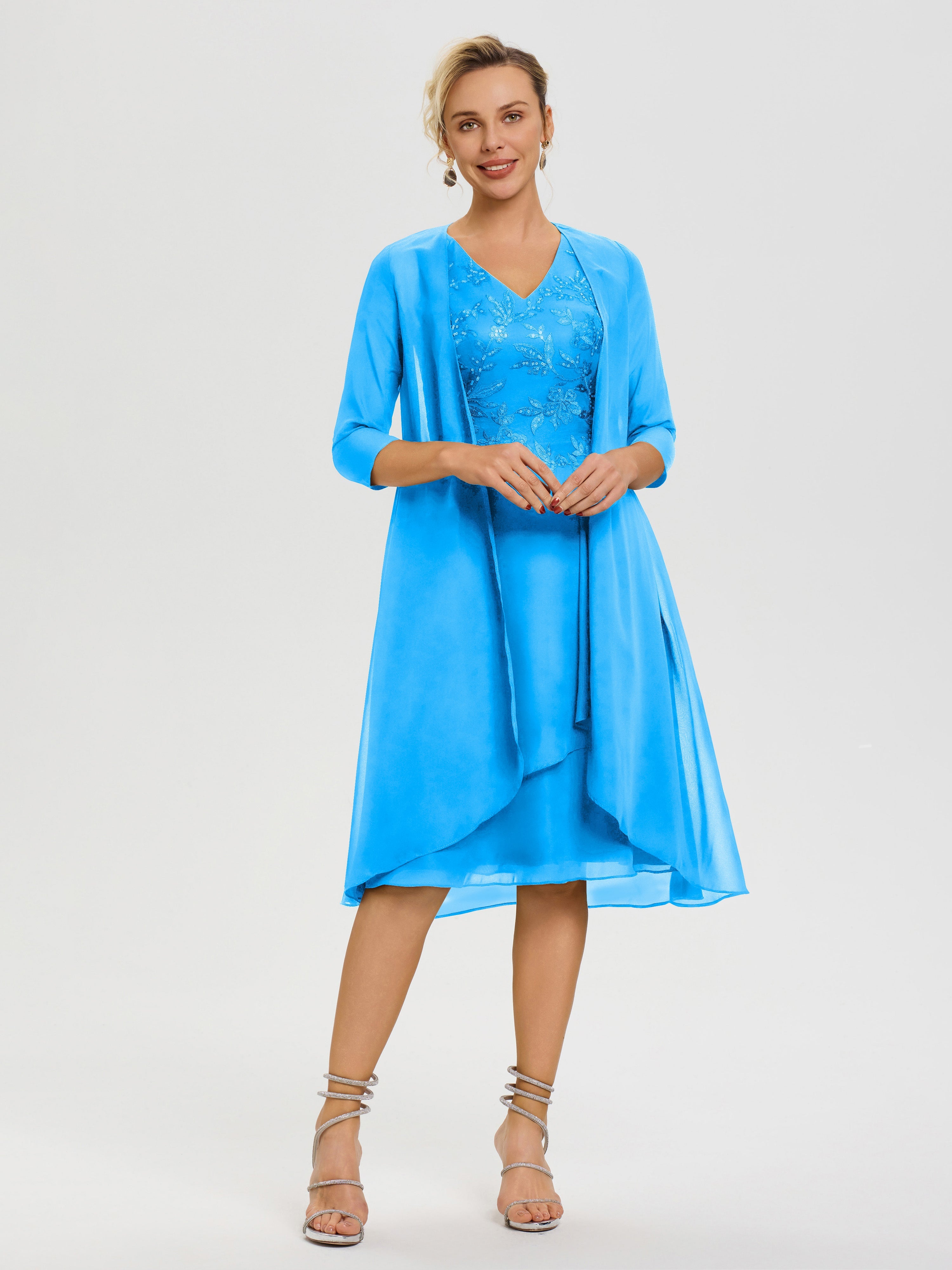 Robe Mère Mariée Bleu Océan 2 Pièces Asymétrique Col V Mousseline & Dentelle Tenue Mère De La Mariée Très Chic