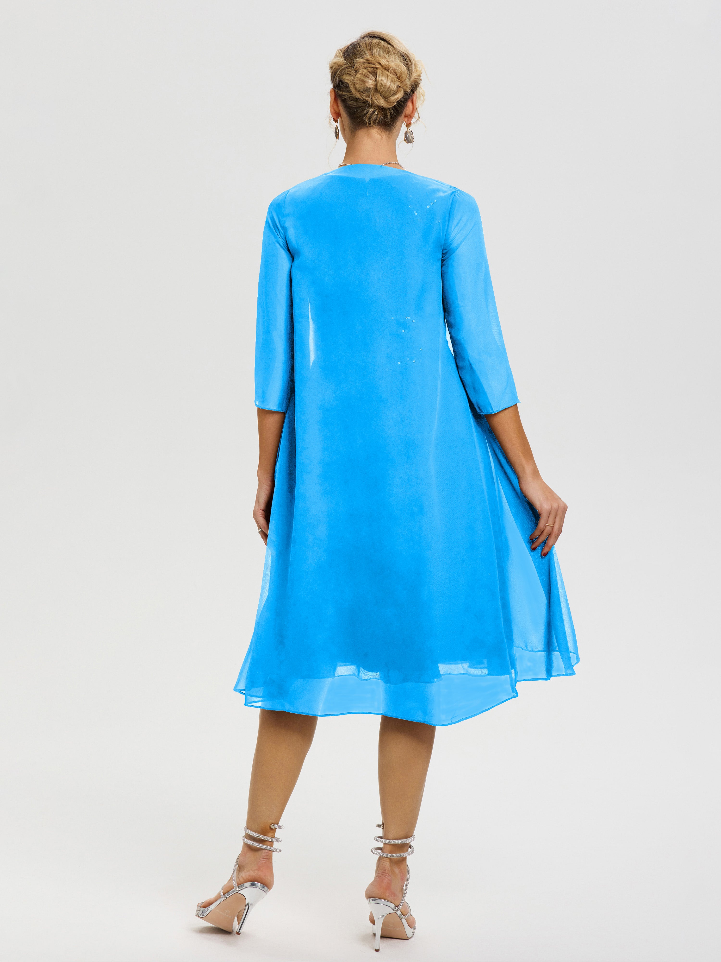 Robe Mère Mariée Bleu Océan 2 Pièces Asymétrique Col V Mousseline & Dentelle Tenue Mère De La Mariée Très Chic