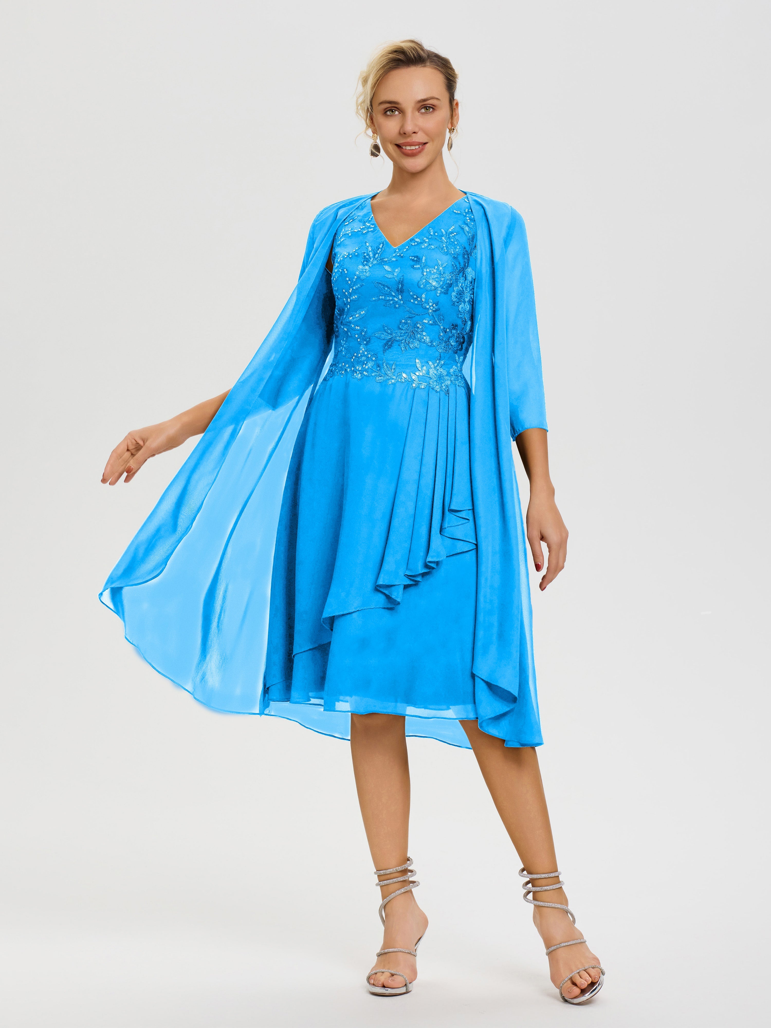 Robe Mère Mariée Bleu Océan 2 Pièces Asymétrique Col V Mousseline & Dentelle Tenue Mère De La Mariée Très Chic