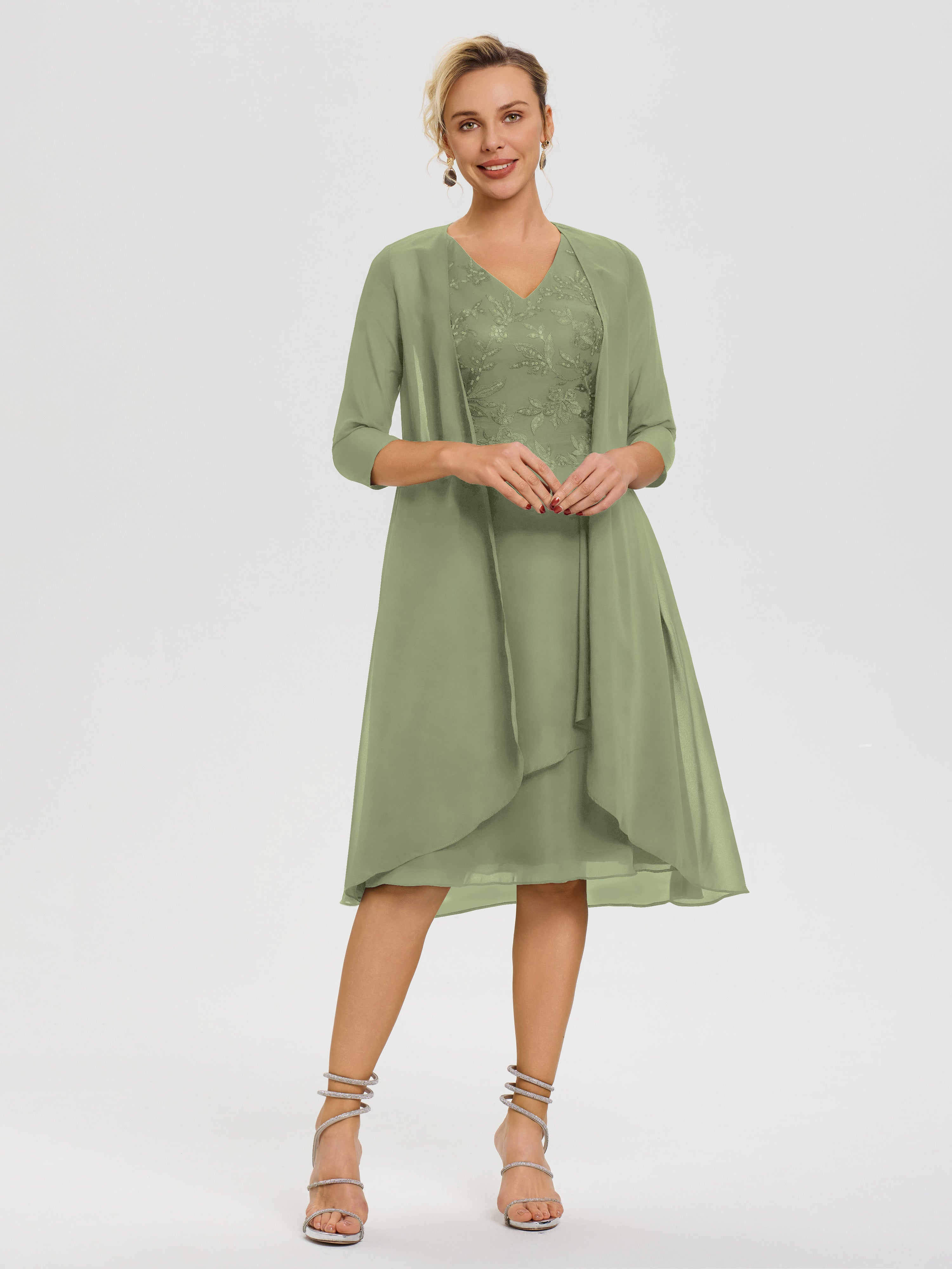 Robe Mère De Marié Vert Olive 2 Pièces Asymétrique Col V Mousseline & Dentelle Tenue Mère De La Mariée Très Chic
