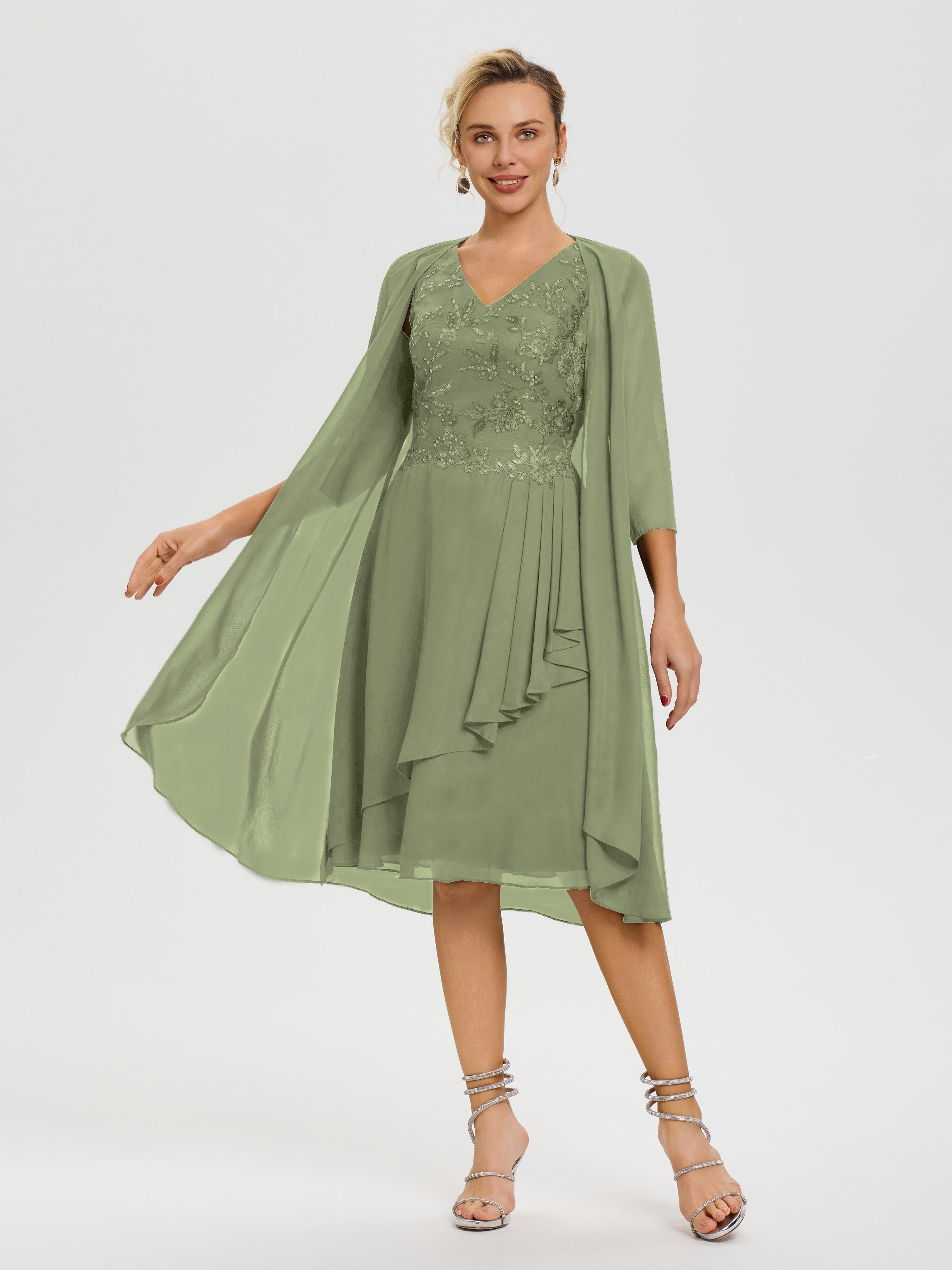 Robe Mère De Marié Vert Olive 2 Pièces Asymétrique Col V Mousseline & Dentelle Tenue Mère De La Mariée Très Chic