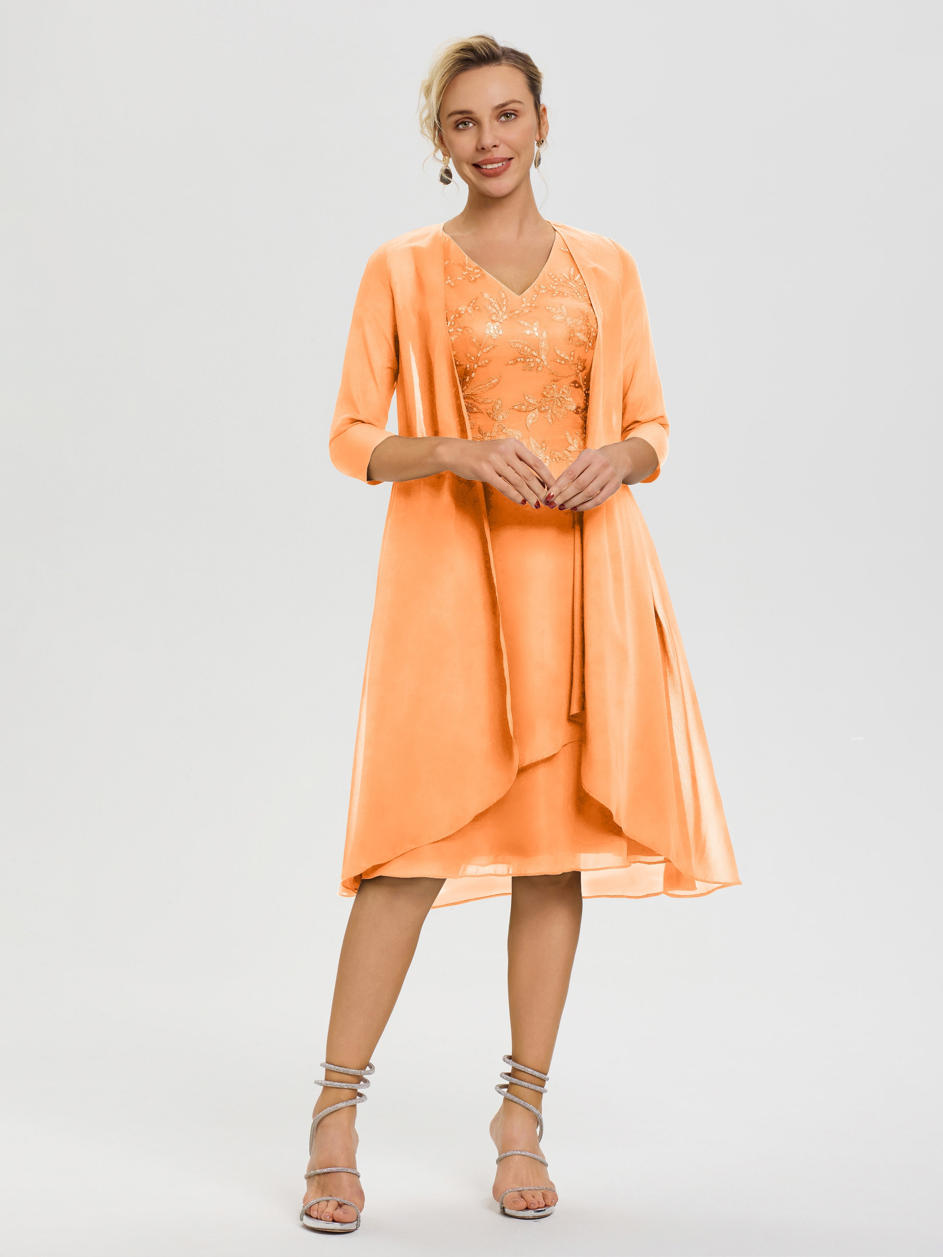 Robe Mère Mariée Orange 2 Pièces Asymétrique Col V Mousseline & Dentelle Tenue Mère De La Mariée Très Chic