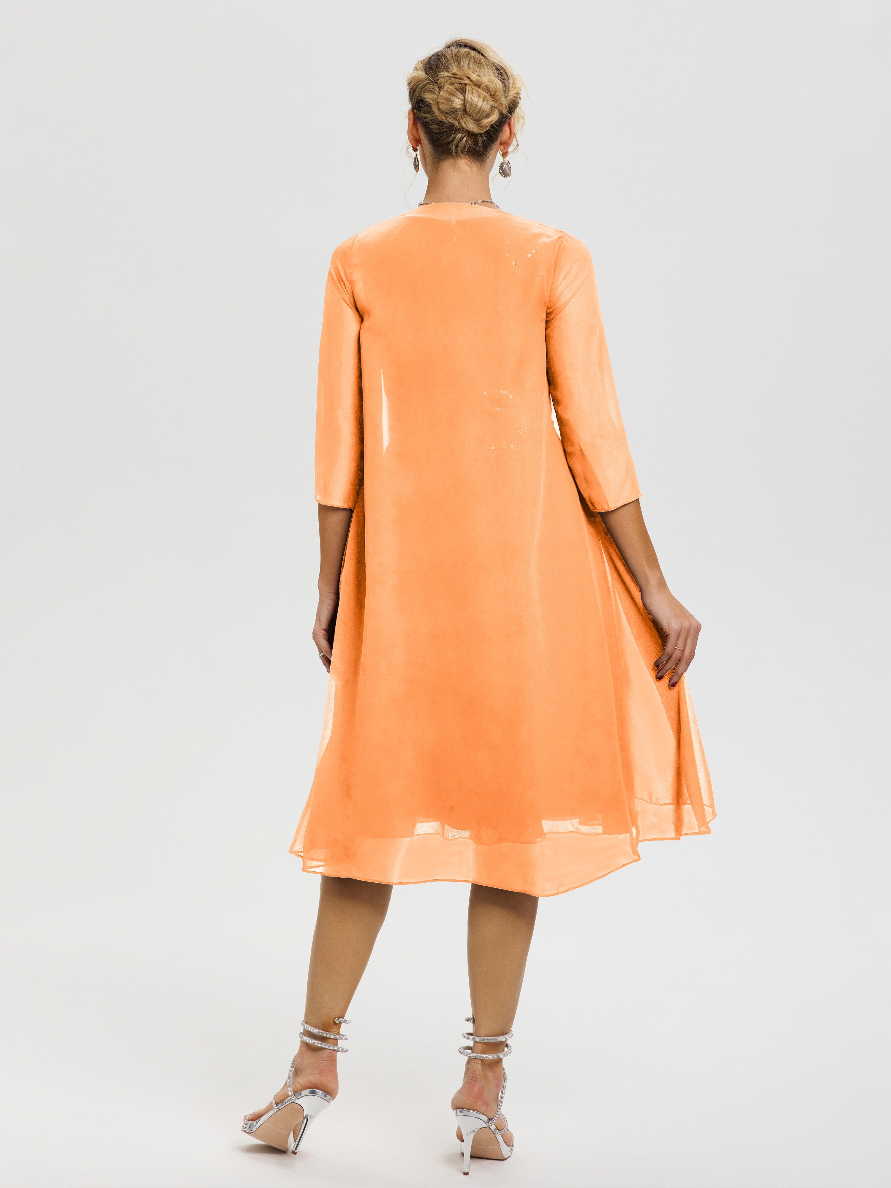Robe Mère Mariée Orange 2 Pièces Asymétrique Col V Mousseline & Dentelle Tenue Mère De La Mariée Très Chic