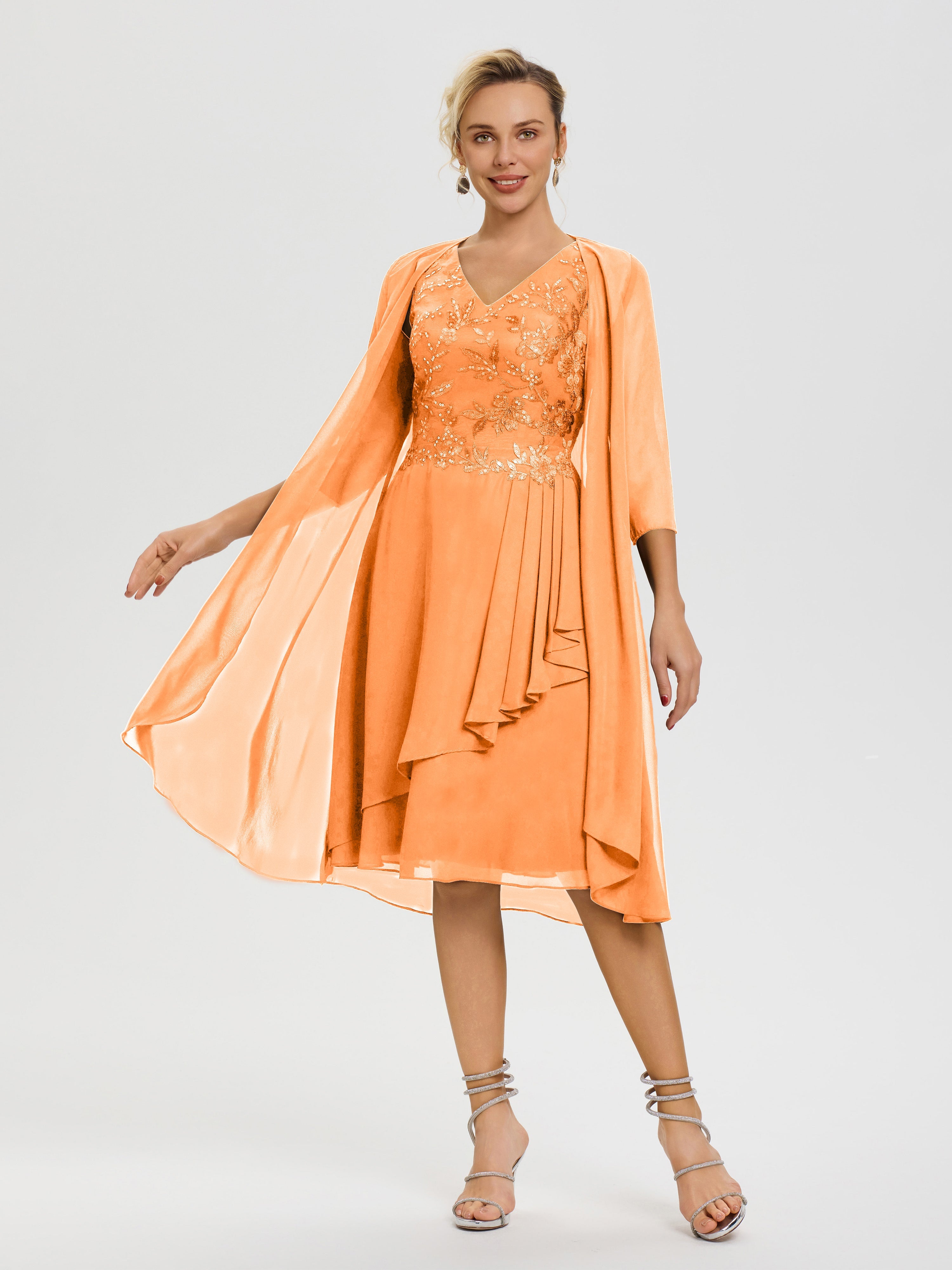 Robe Mère Mariée Orange 2 Pièces Asymétrique Col V Mousseline & Dentelle Tenue Mère De La Mariée Très Chic