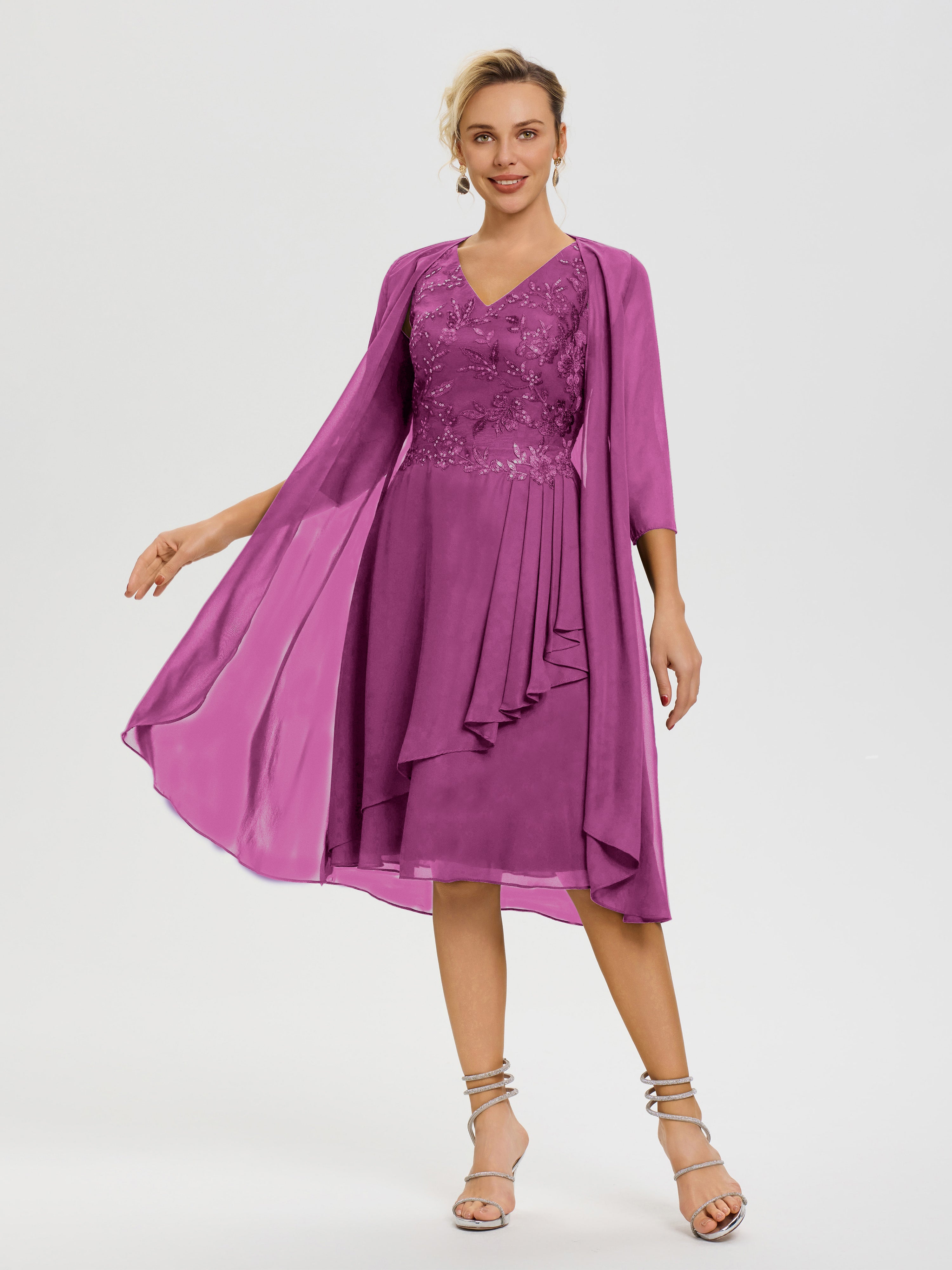 Robe Mère Marié Orchidée 2 Pièces Asymétrique Col V Mousseline & Dentelle Tenue Mère De La Mariée Très Chic