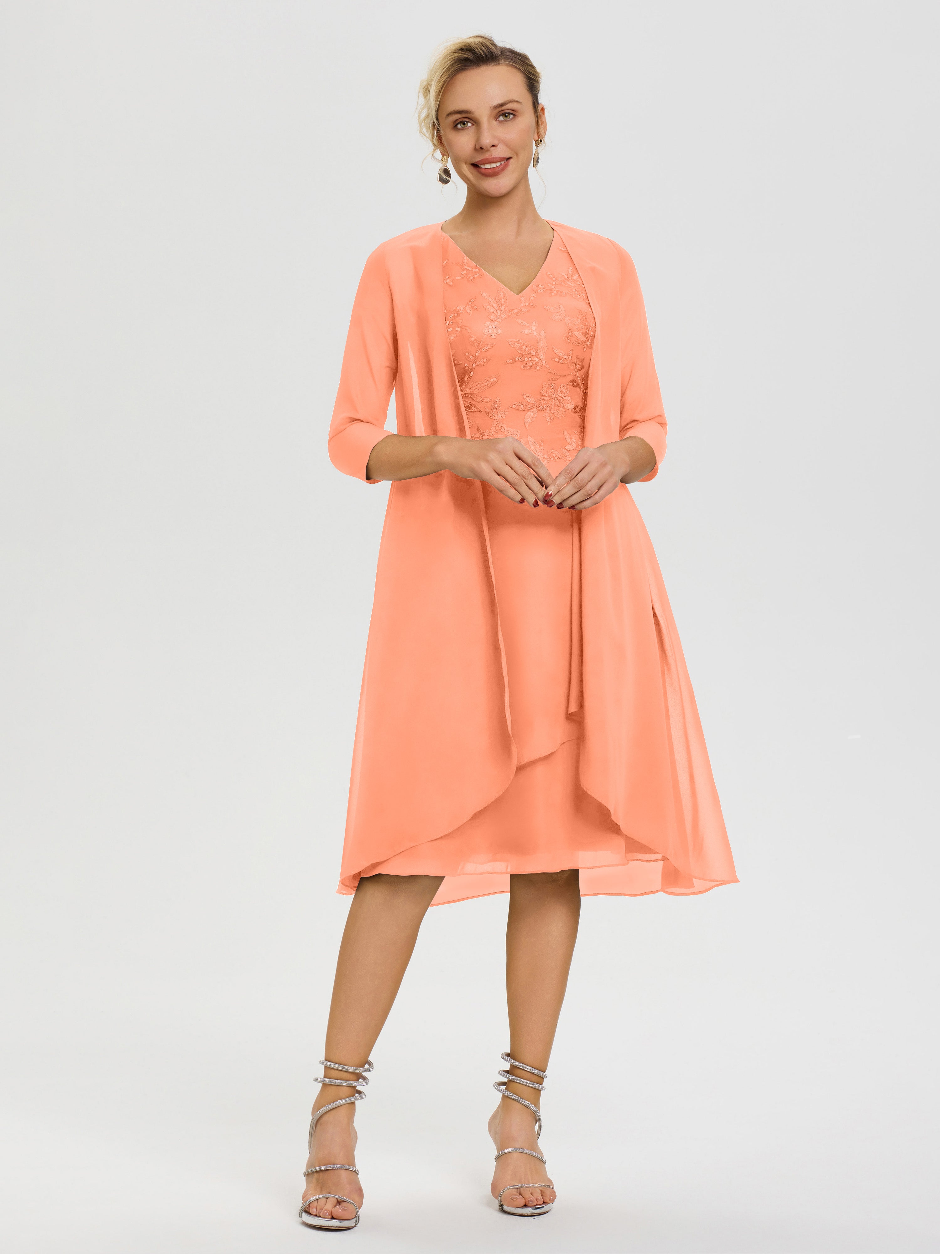 Robe Mère Marié Papaye 2 Pièces Asymétrique Col V Mousseline & Dentelle Tenue Mère De La Mariée Très Chic