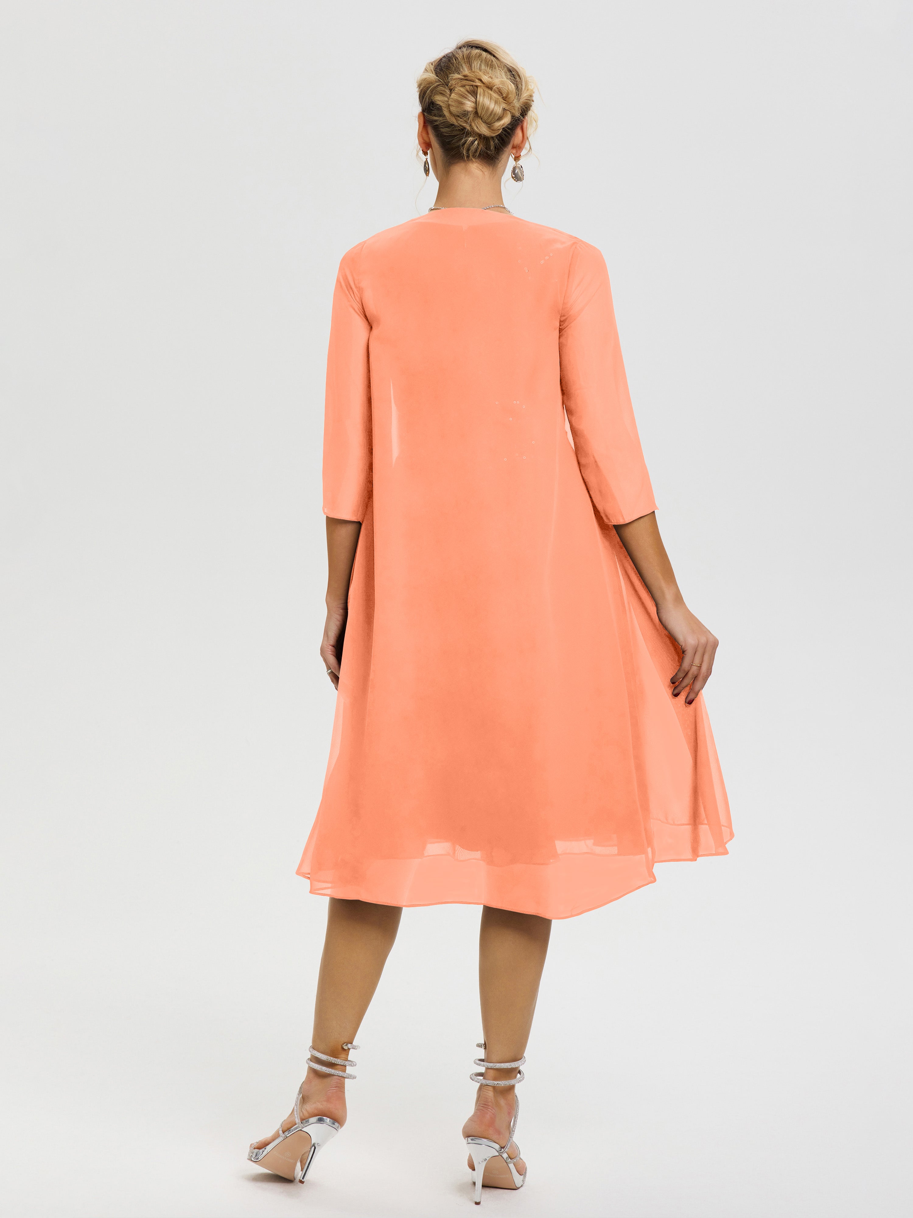 Robe Mère Marié Papaye 2 Pièces Asymétrique Col V Mousseline & Dentelle Tenue Mère De La Mariée Très Chic