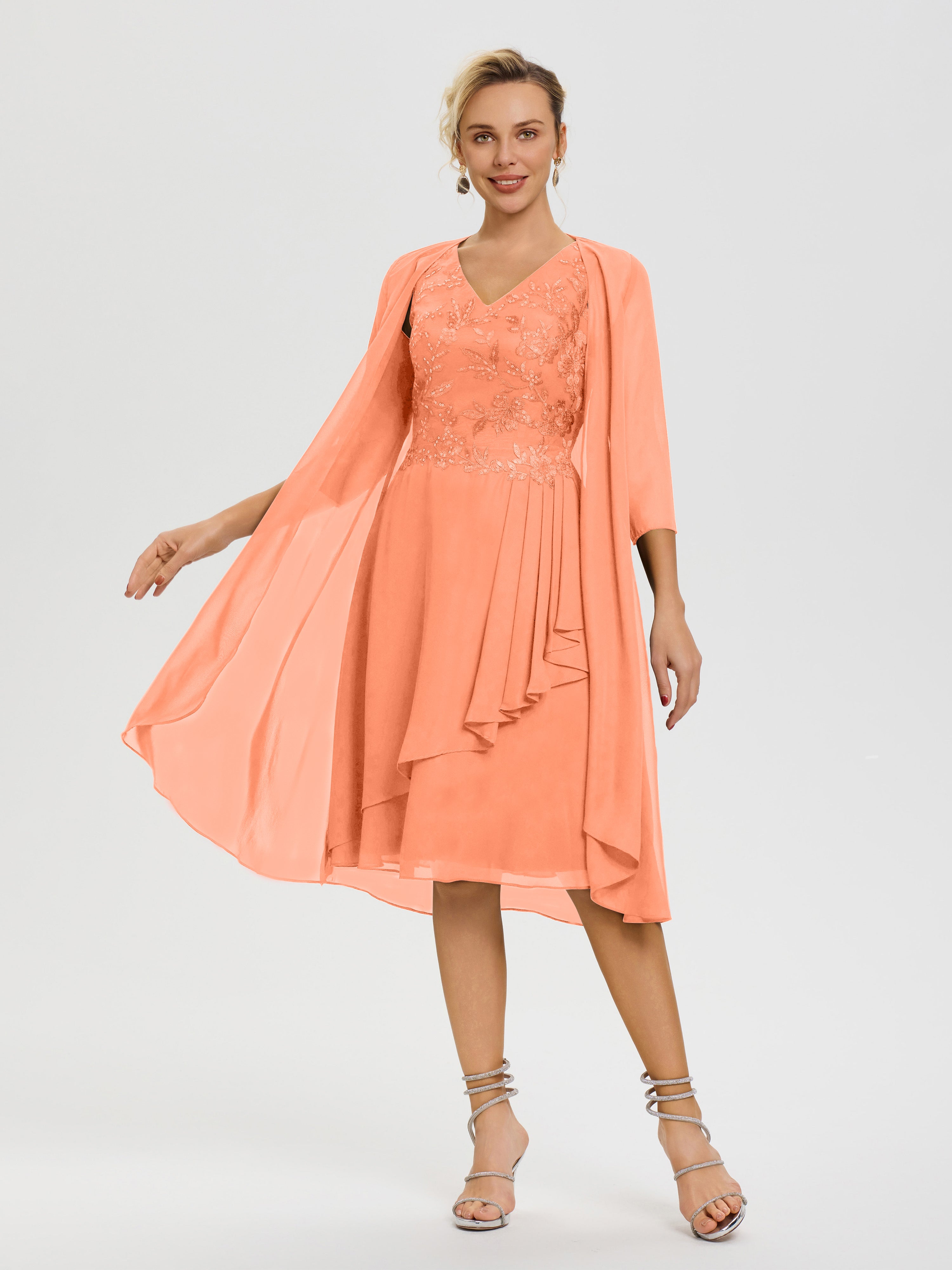 Robe Mère Marié Papaye 2 Pièces Asymétrique Col V Mousseline & Dentelle Tenue Mère De La Mariée Très Chic