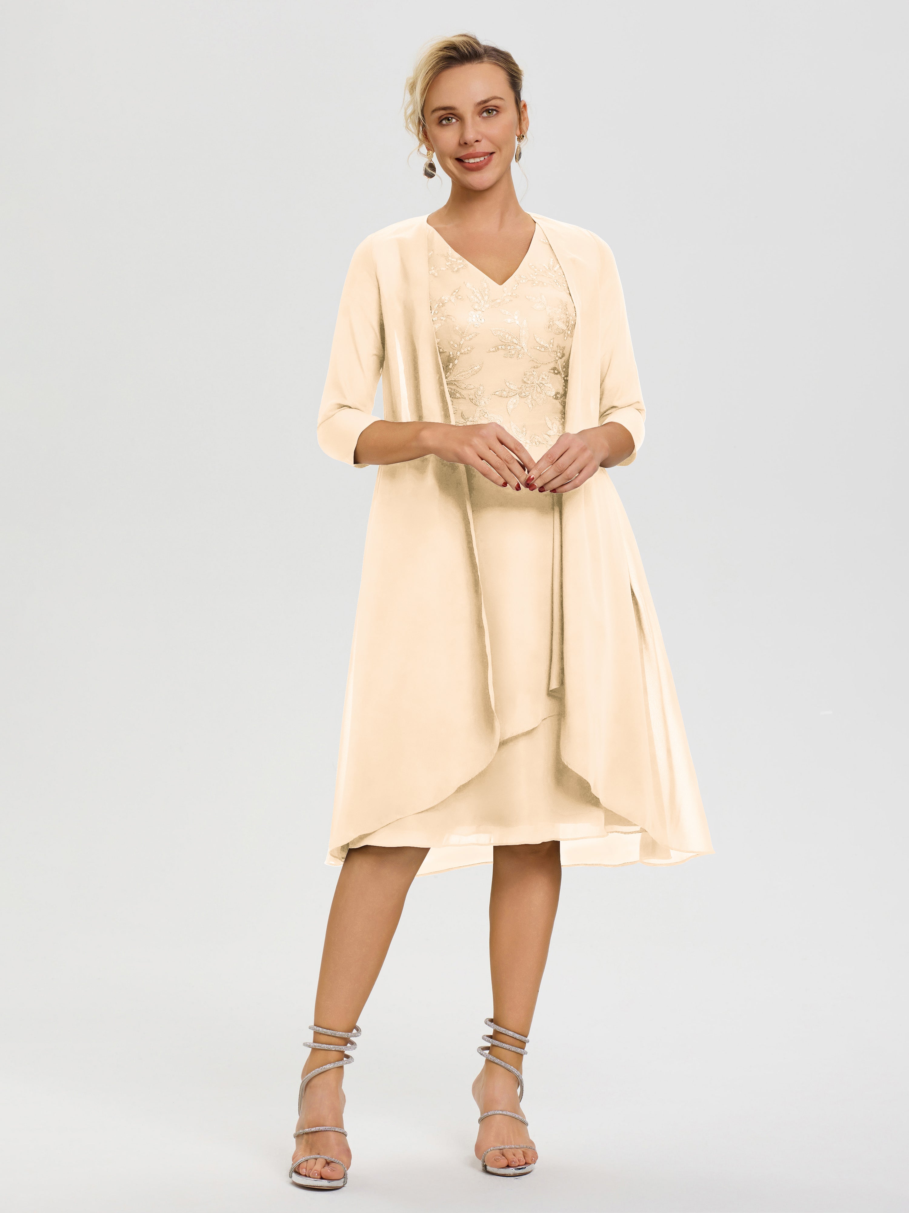 Robe Mère Marié Pêche 2 Pièces Asymétrique Col V Mousseline & Dentelle Tenue Mère De La Mariée Très Chic