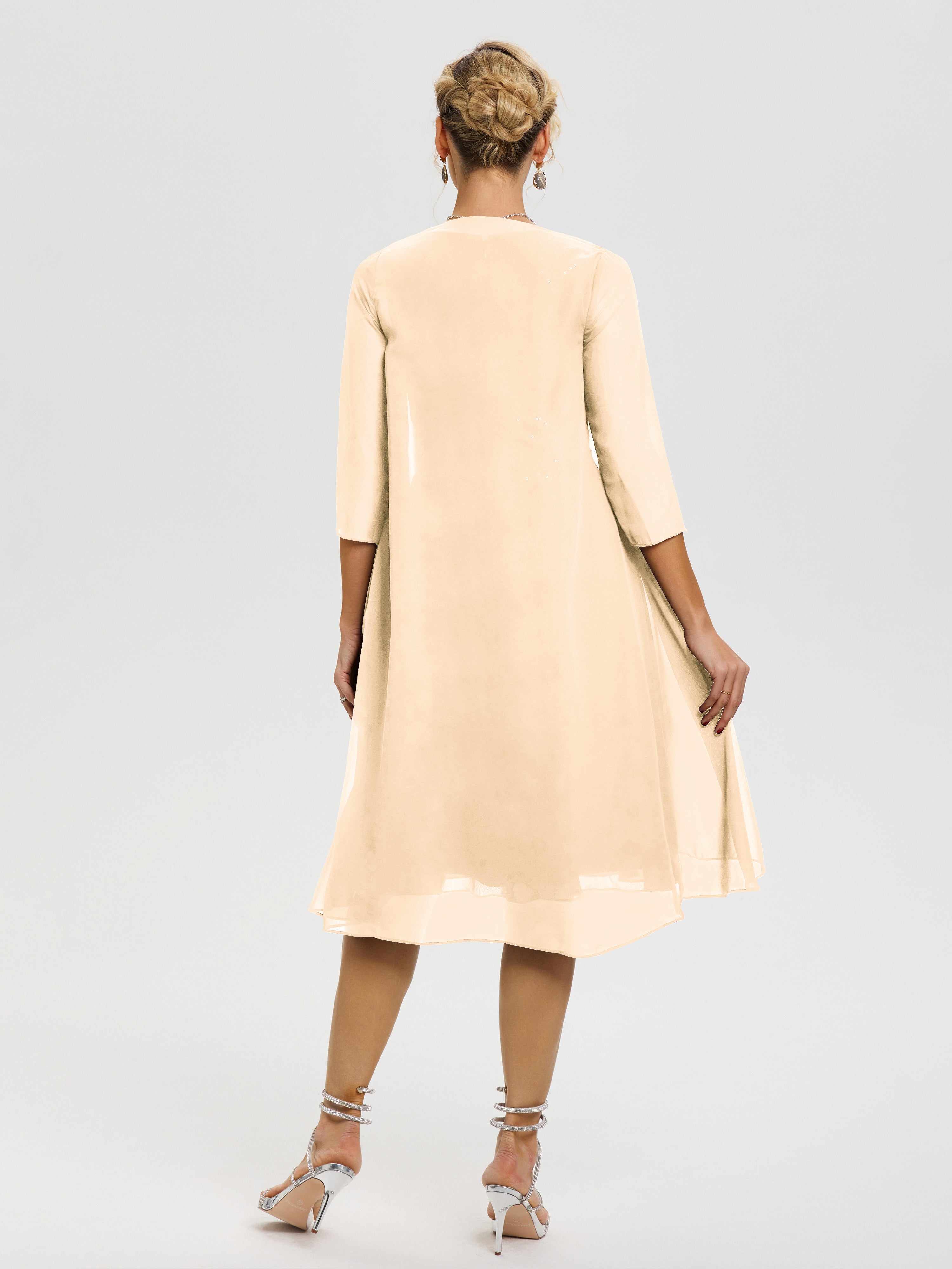Robe Mère Marié Pêche 2 Pièces Asymétrique Col V Mousseline & Dentelle Tenue Mère De La Mariée Très Chic