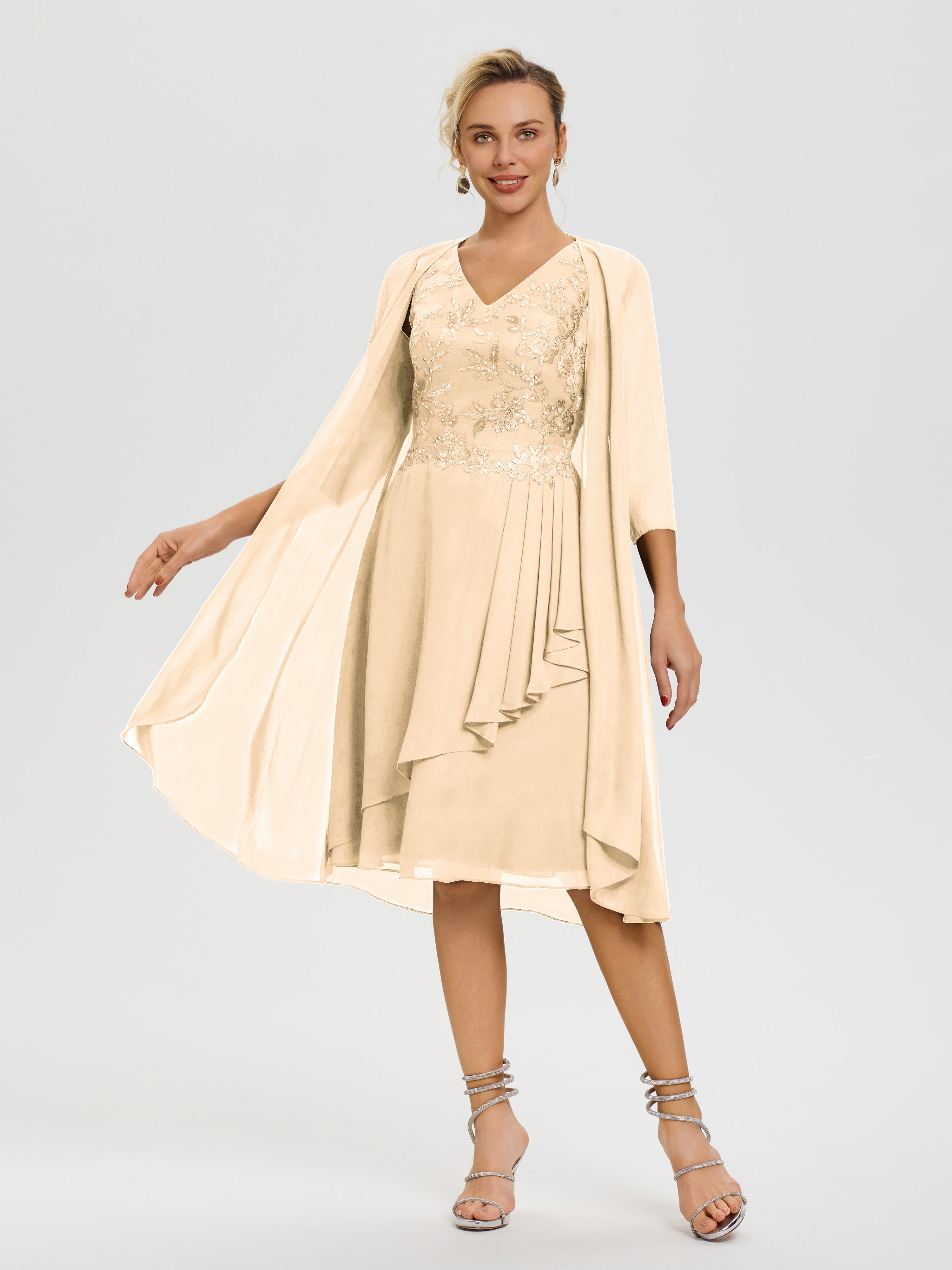 Robe Mère Marié Pêche 2 Pièces Asymétrique Col V Mousseline & Dentelle Tenue Mère De La Mariée Très Chic