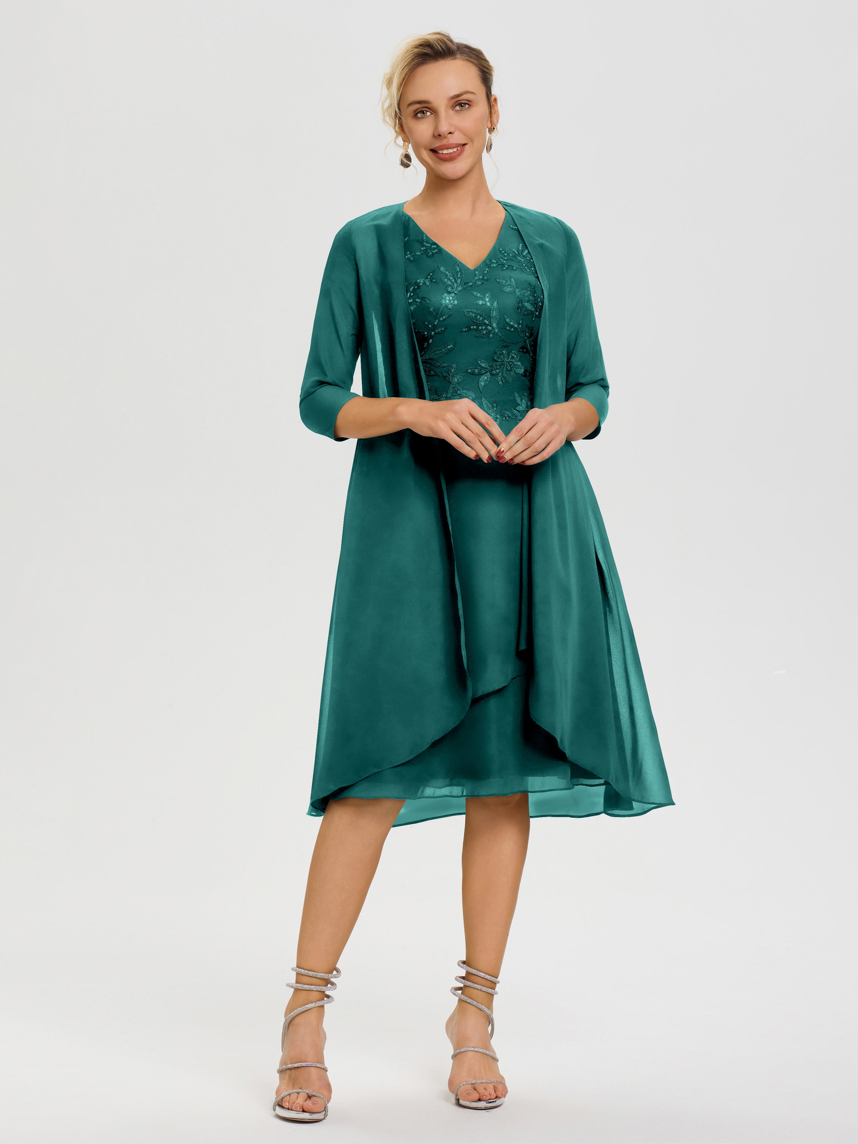 Robe Mère Marié Paon 2 Pièces Asymétrique Col V Mousseline & Dentelle Tenue Mère De La Mariée Très Chic