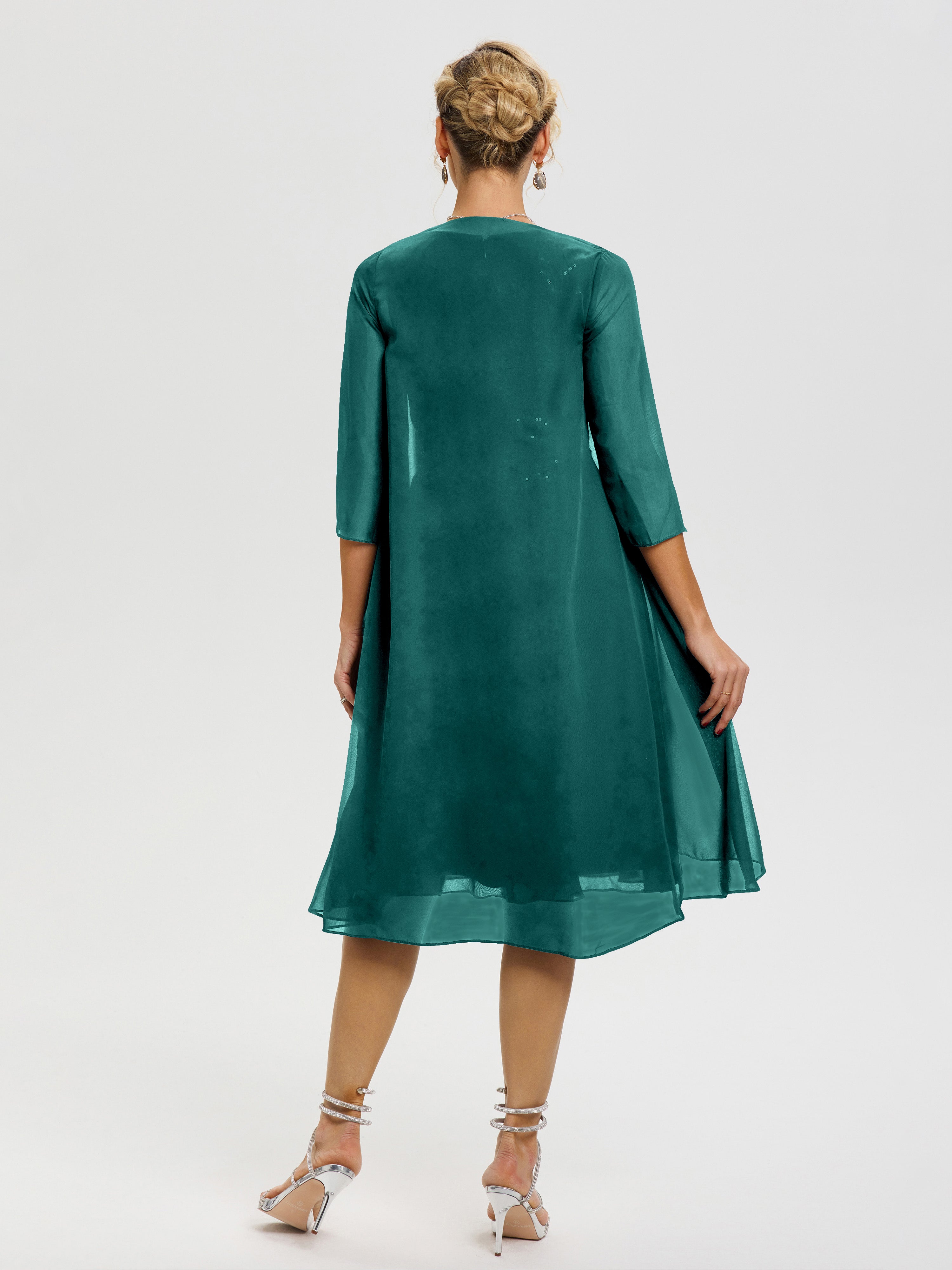 Robe Mère Marié Paon 2 Pièces Asymétrique Col V Mousseline & Dentelle Tenue Mère De La Mariée Très Chic