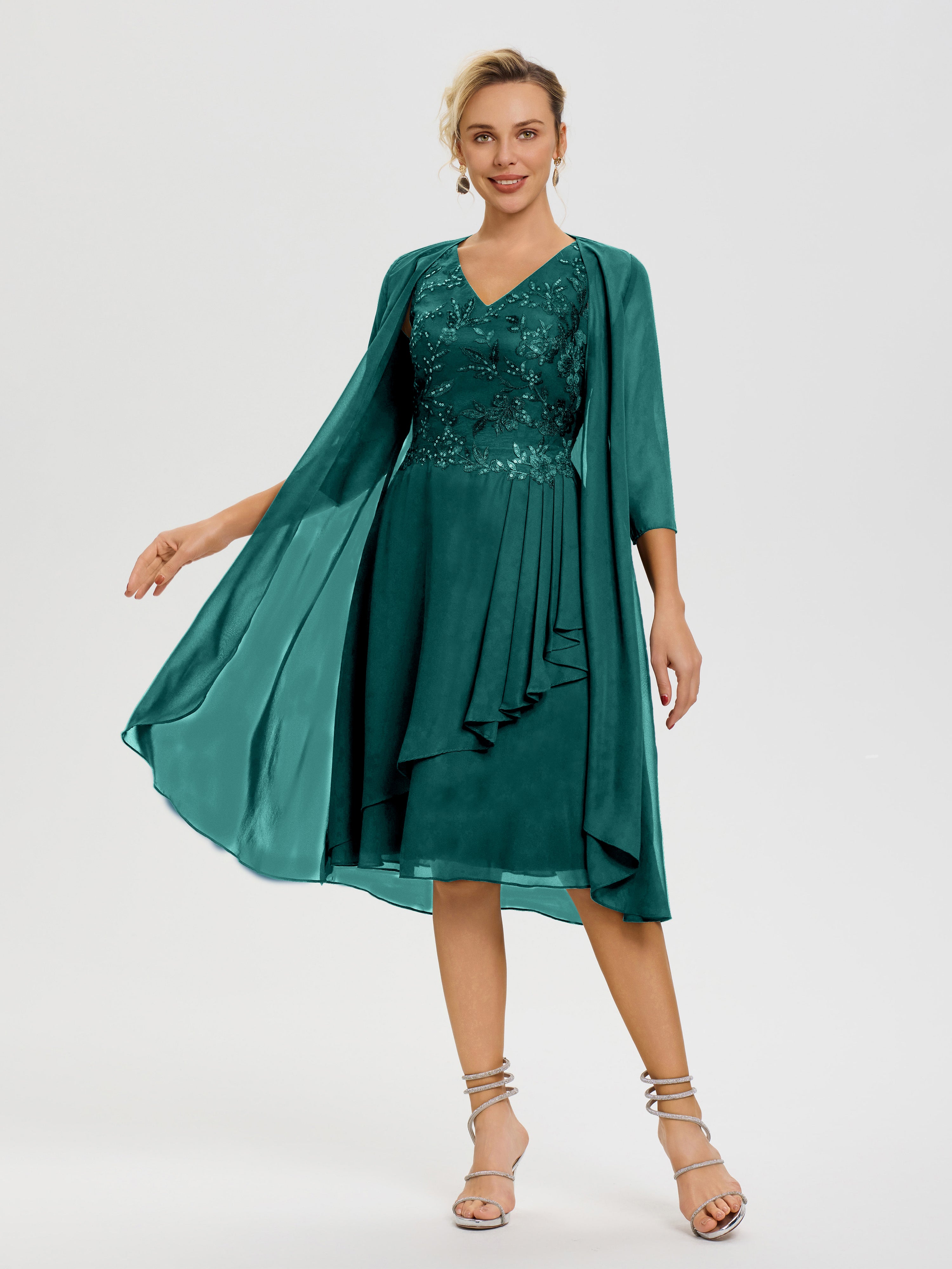 Robe Mère Marié Paon 2 Pièces Asymétrique Col V Mousseline & Dentelle Tenue Mère De La Mariée Très Chic