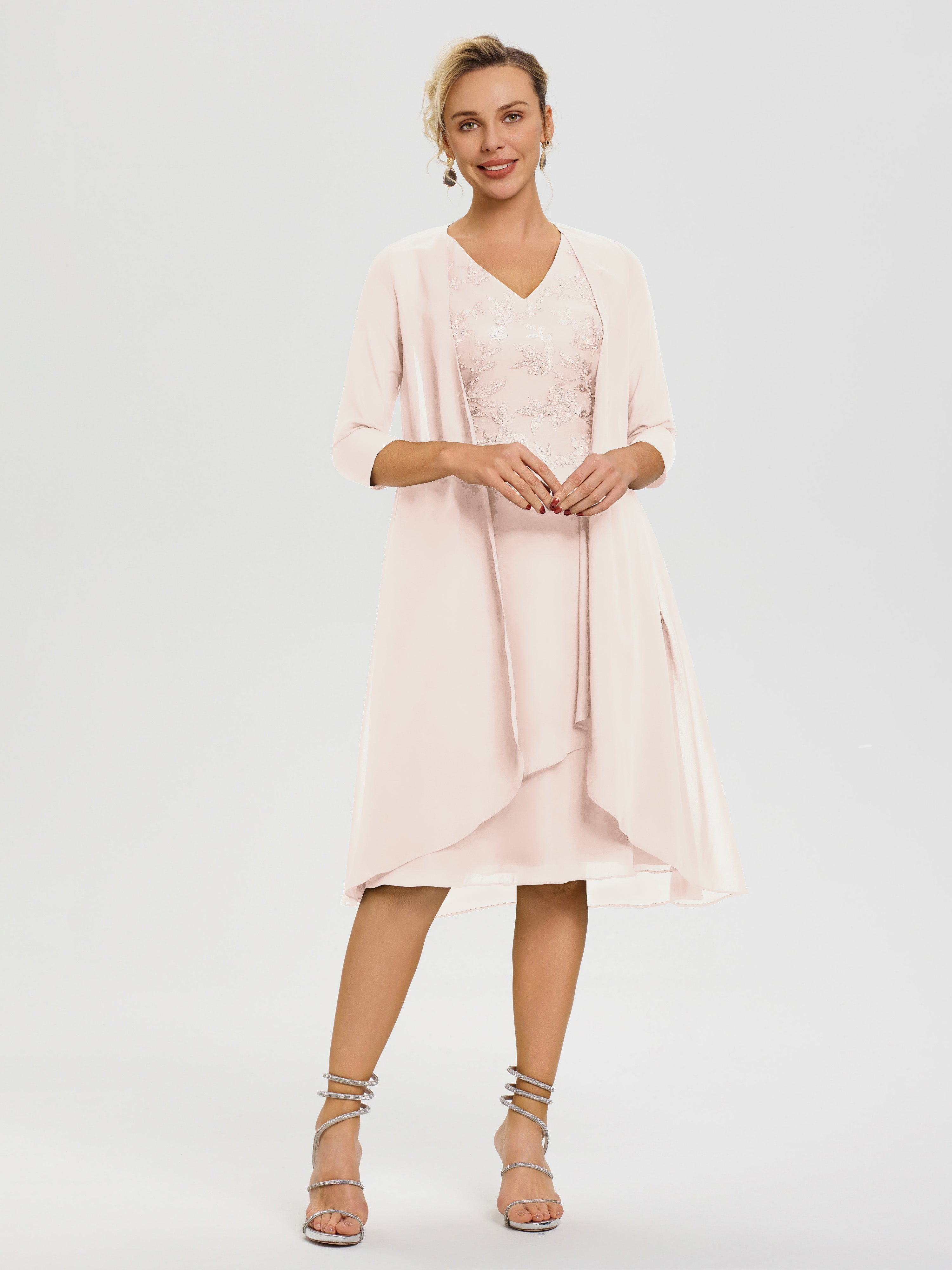 Robe Mère Marié Rose Perle 2 Pièces Asymétrique Col V Mousseline & Dentelle Tenue Mère De La Mariée Très Chic