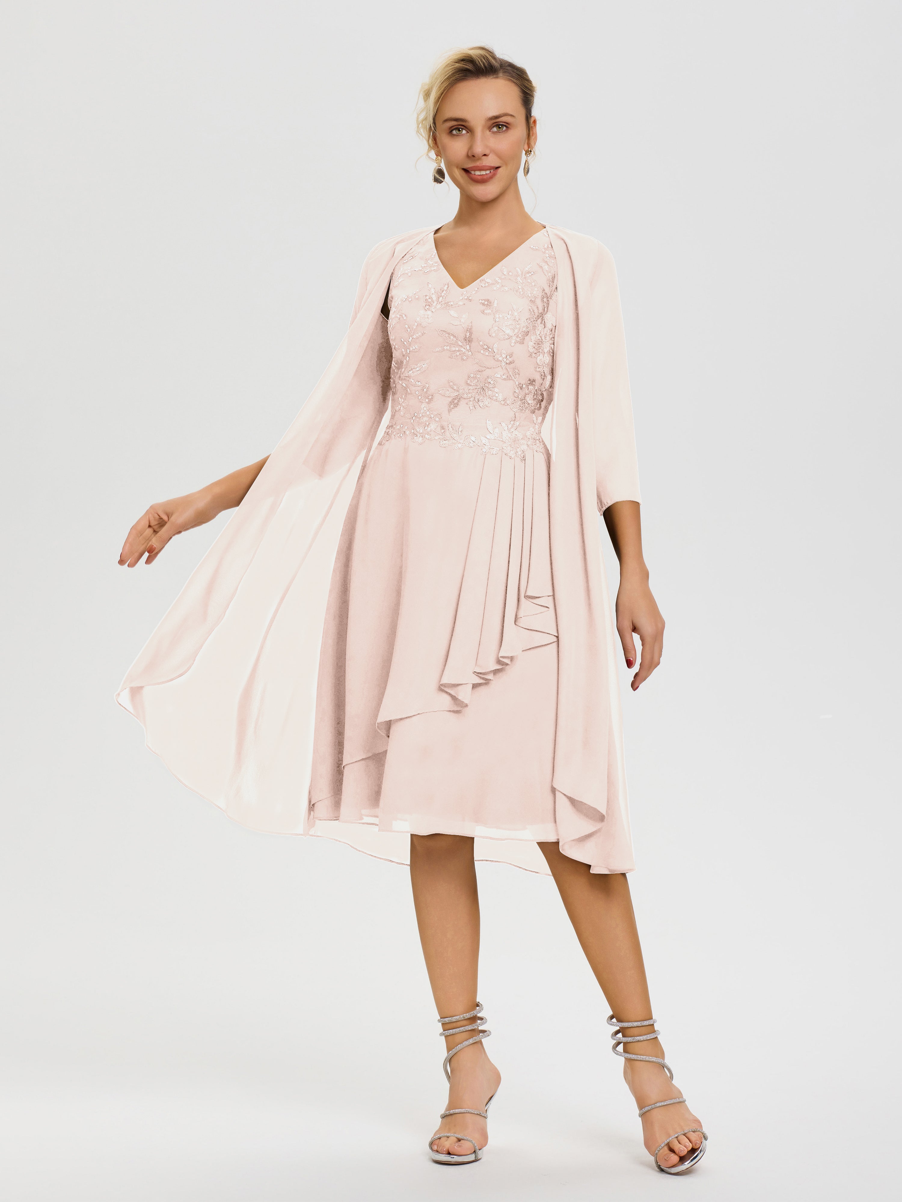 Robe Mère Marié Rose Perle 2 Pièces Asymétrique Col V Mousseline & Dentelle Tenue Mère De La Mariée Très Chic