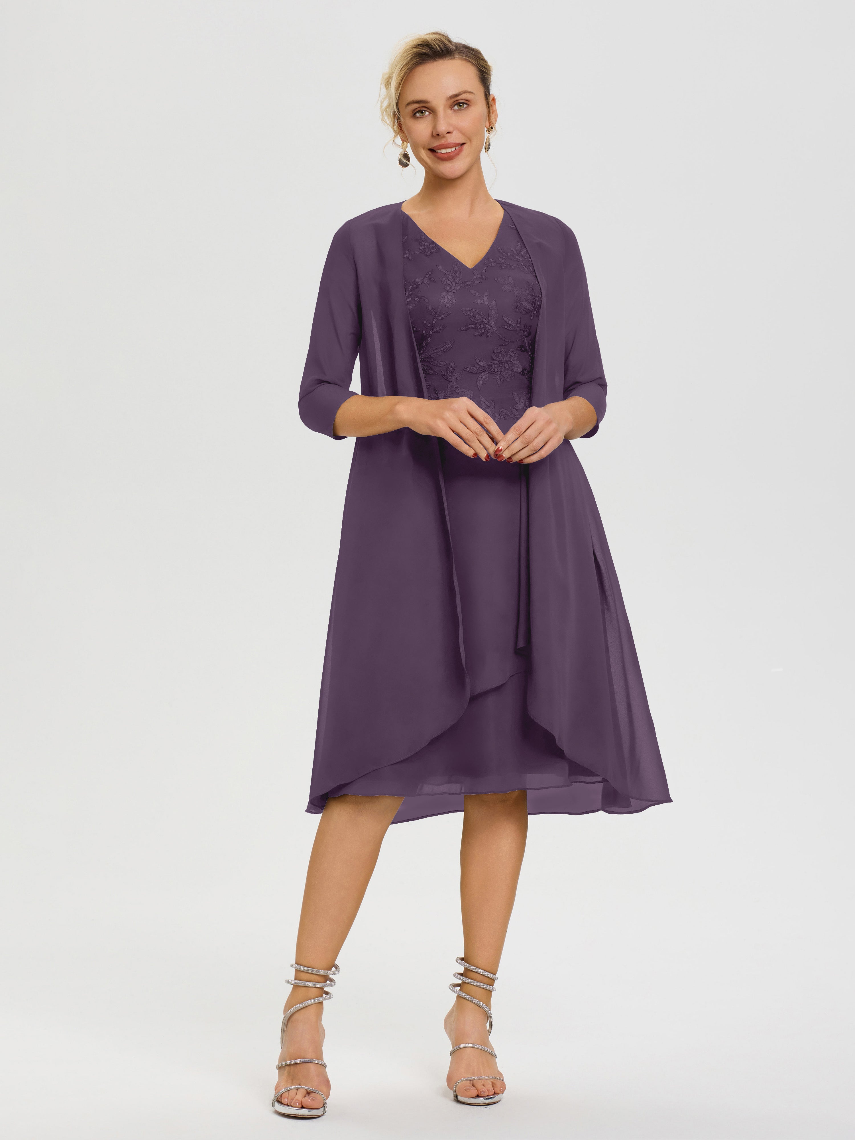 Robe Mère Marié Plum 2 Pièces Asymétrique Col V Mousseline & Dentelle Tenue Mère De La Mariée Très Chic