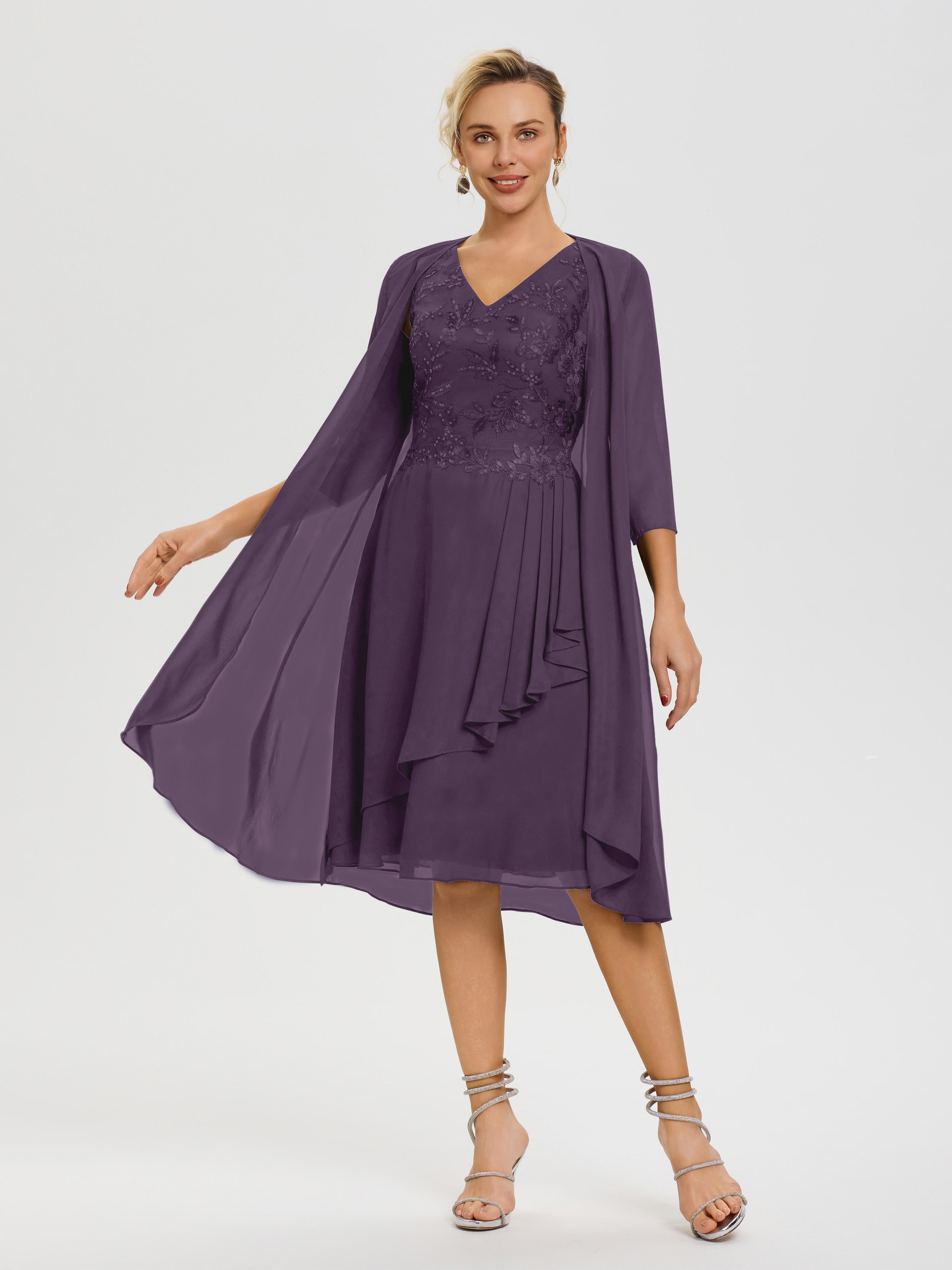 Robe Mère Marié Plum 2 Pièces Asymétrique Col V Mousseline & Dentelle Tenue Mère De La Mariée Très Chic