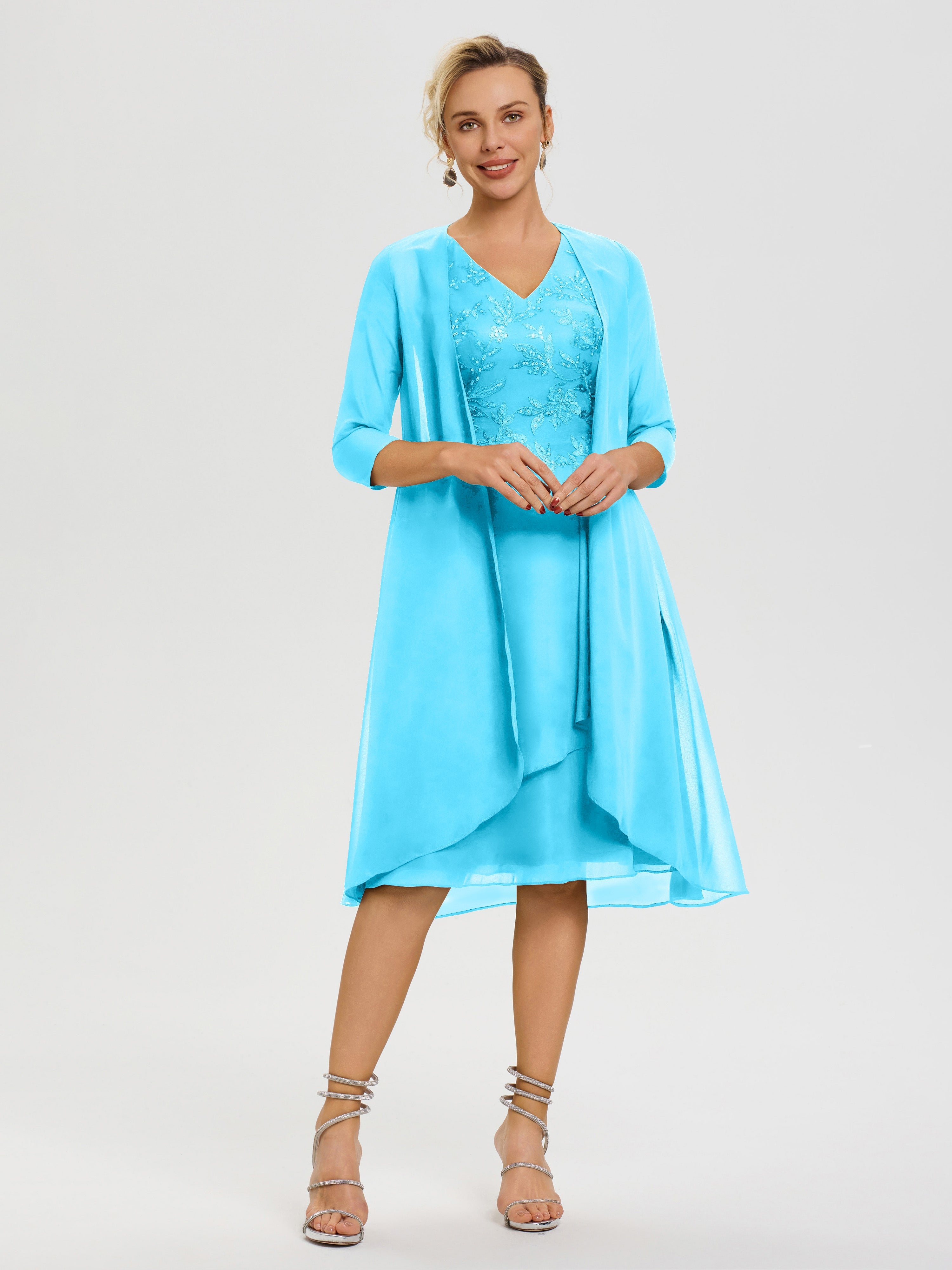 Robe Mère Marié Piscine 2 Pièces Asymétrique Col V Mousseline & Dentelle Tenue Mère De La Mariée Très Chic