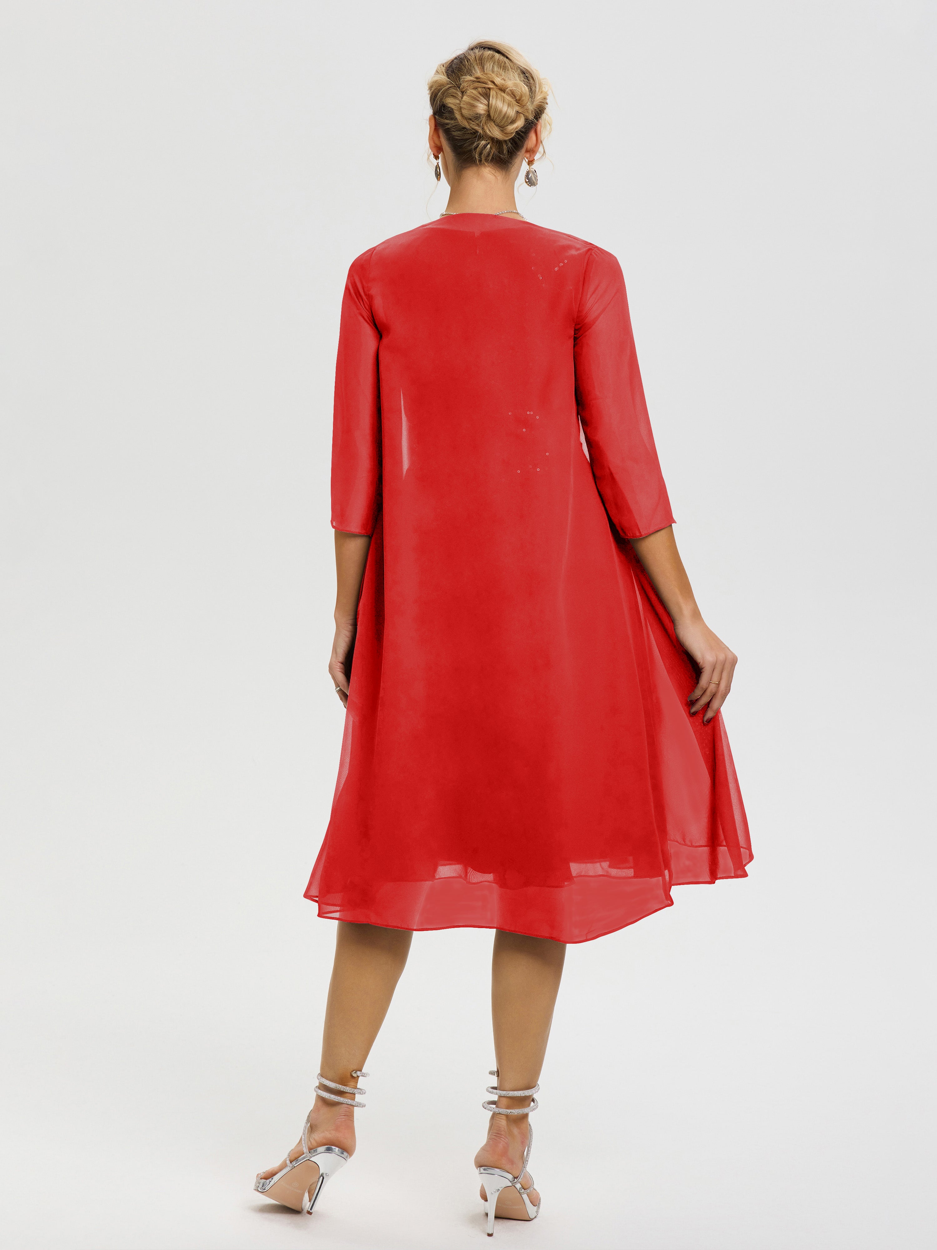 Robe Mère Marié Rouge 2 Pièces Asymétrique Col V Mousseline & Dentelle Tenue Mère De La Mariée Très Chic