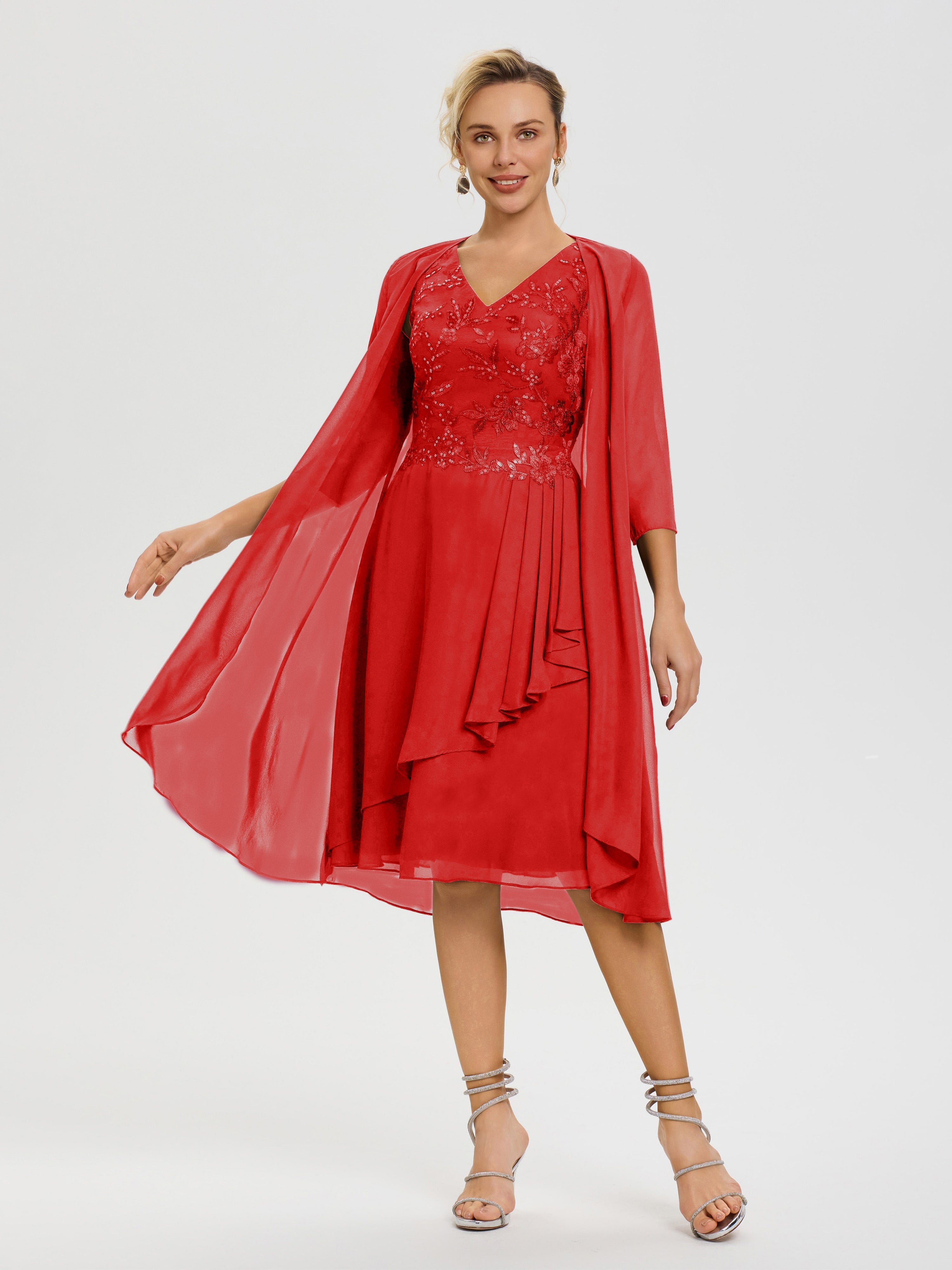 Robe Mère Marié Rouge 2 Pièces Asymétrique Col V Mousseline & Dentelle Tenue Mère De La Mariée Très Chic