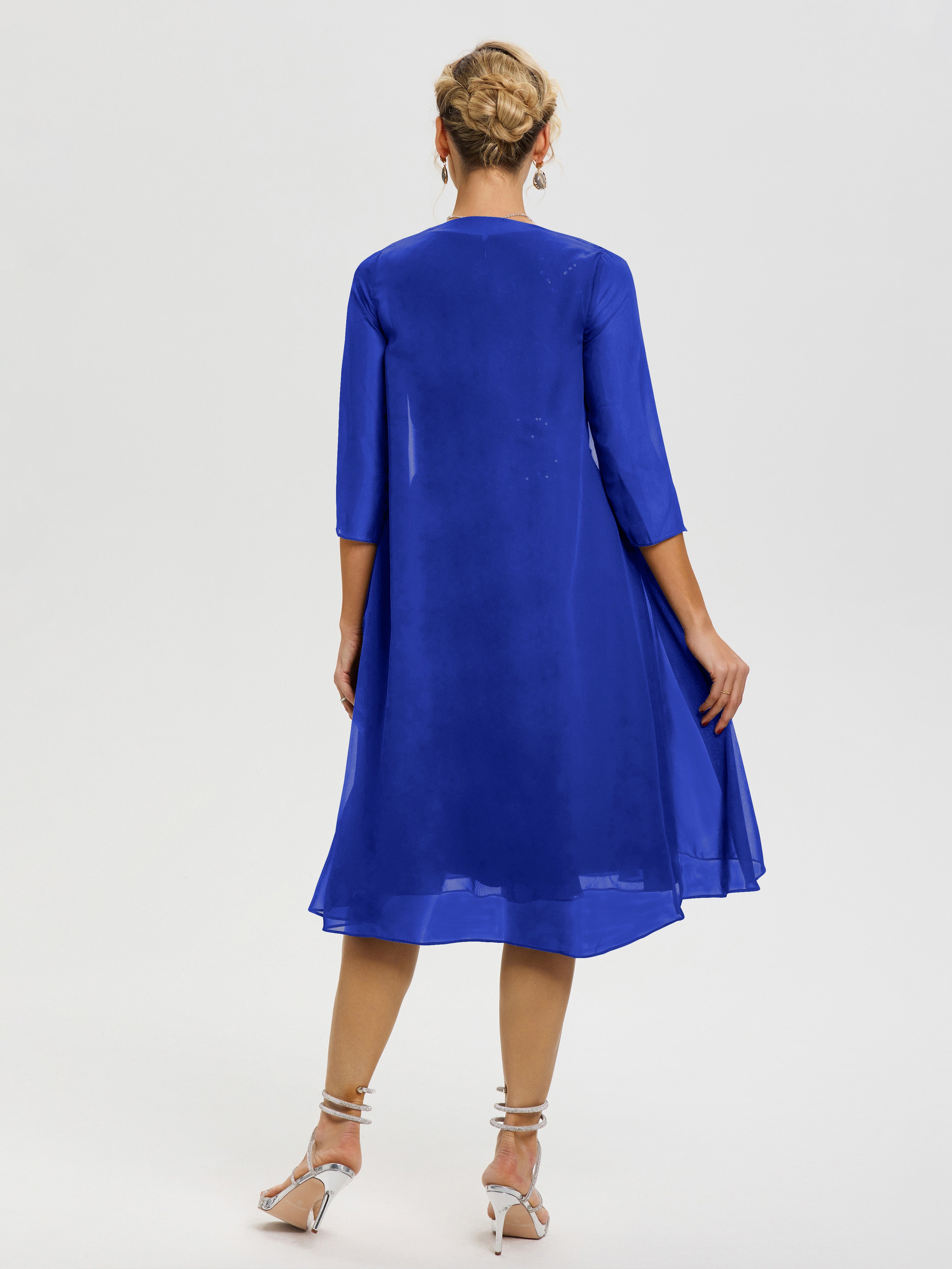 Robe Mère Mariée Bleu Royale 2 Pièces Asymétrique Col V Mousseline & Dentelle Tenue Mère De La Mariée Très Chic