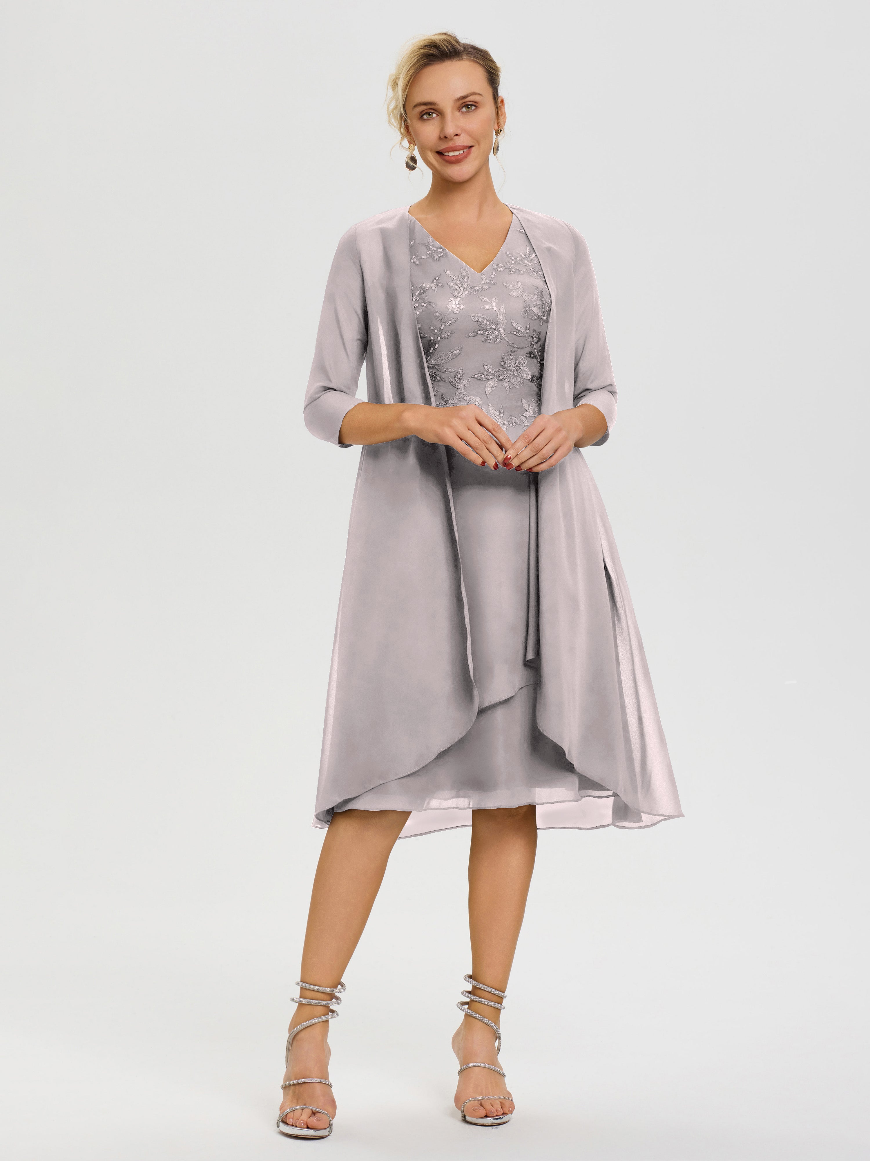 Robe Mère Mariée Argent 2 Pièces Asymétrique Col V Mousseline & Dentelle Tenue Mère De La Mariée Très Chic