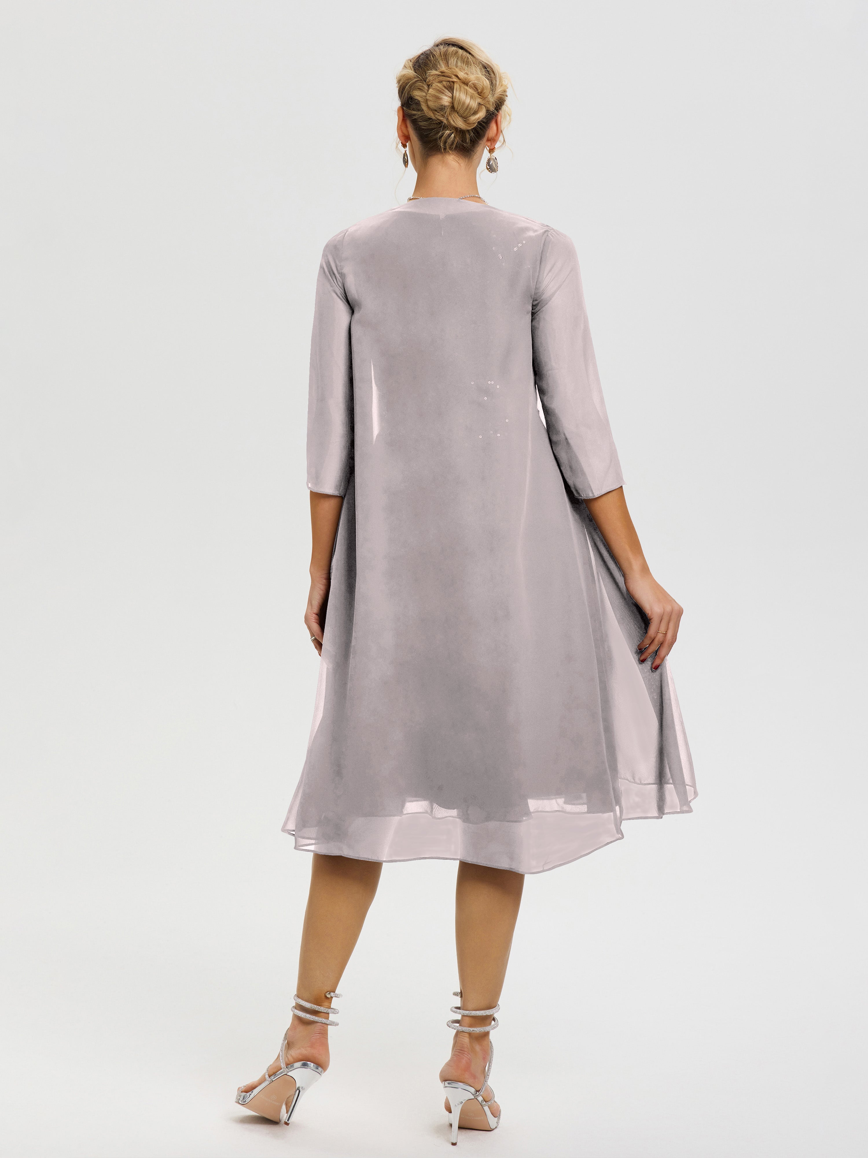 Robe Mère Mariée Argent 2 Pièces Asymétrique Col V Mousseline & Dentelle Tenue Mère De La Mariée Très Chic