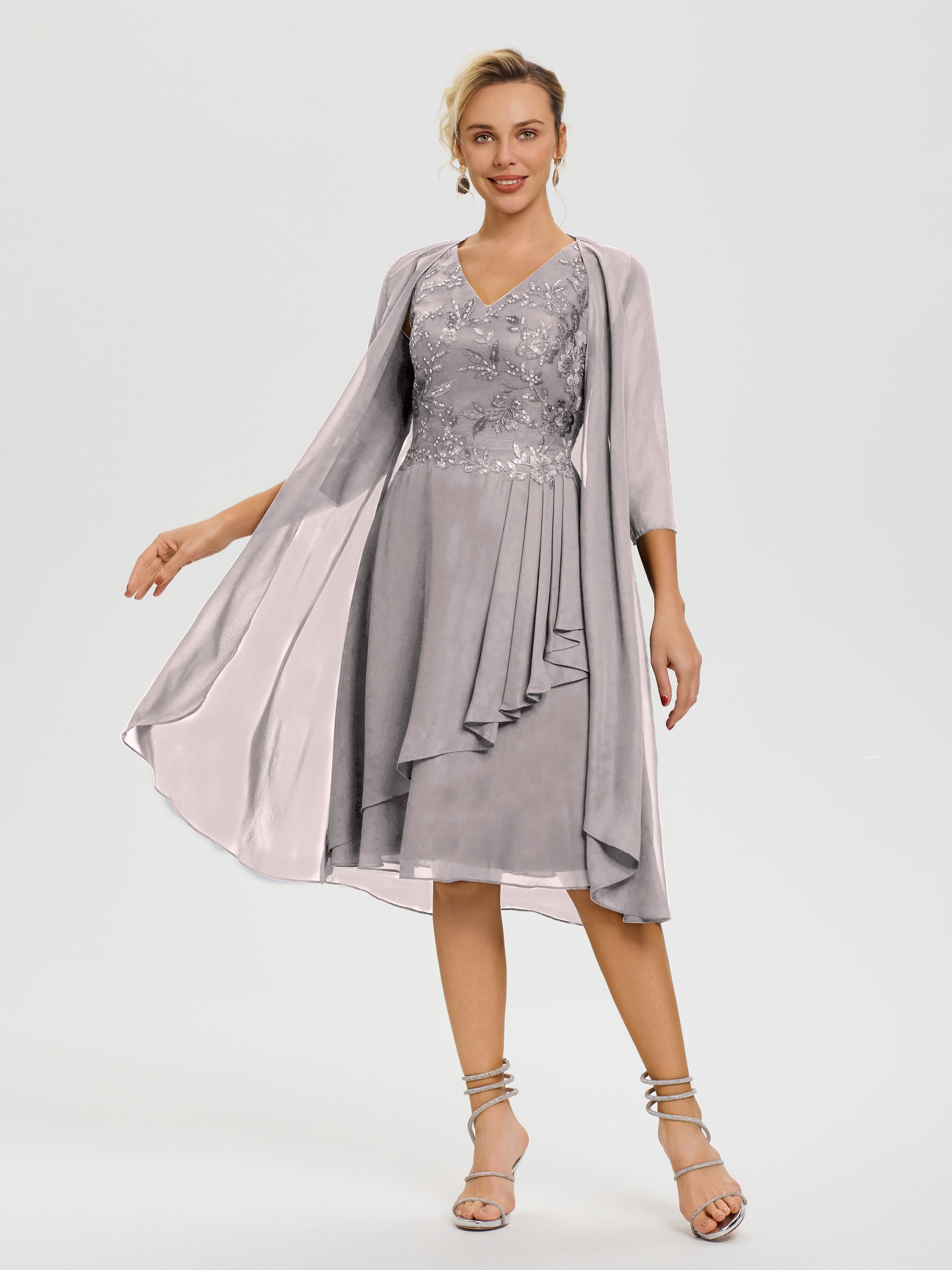 Robe Mère Mariée Argent 2 Pièces Asymétrique Col V Mousseline & Dentelle Tenue Mère De La Mariée Très Chic