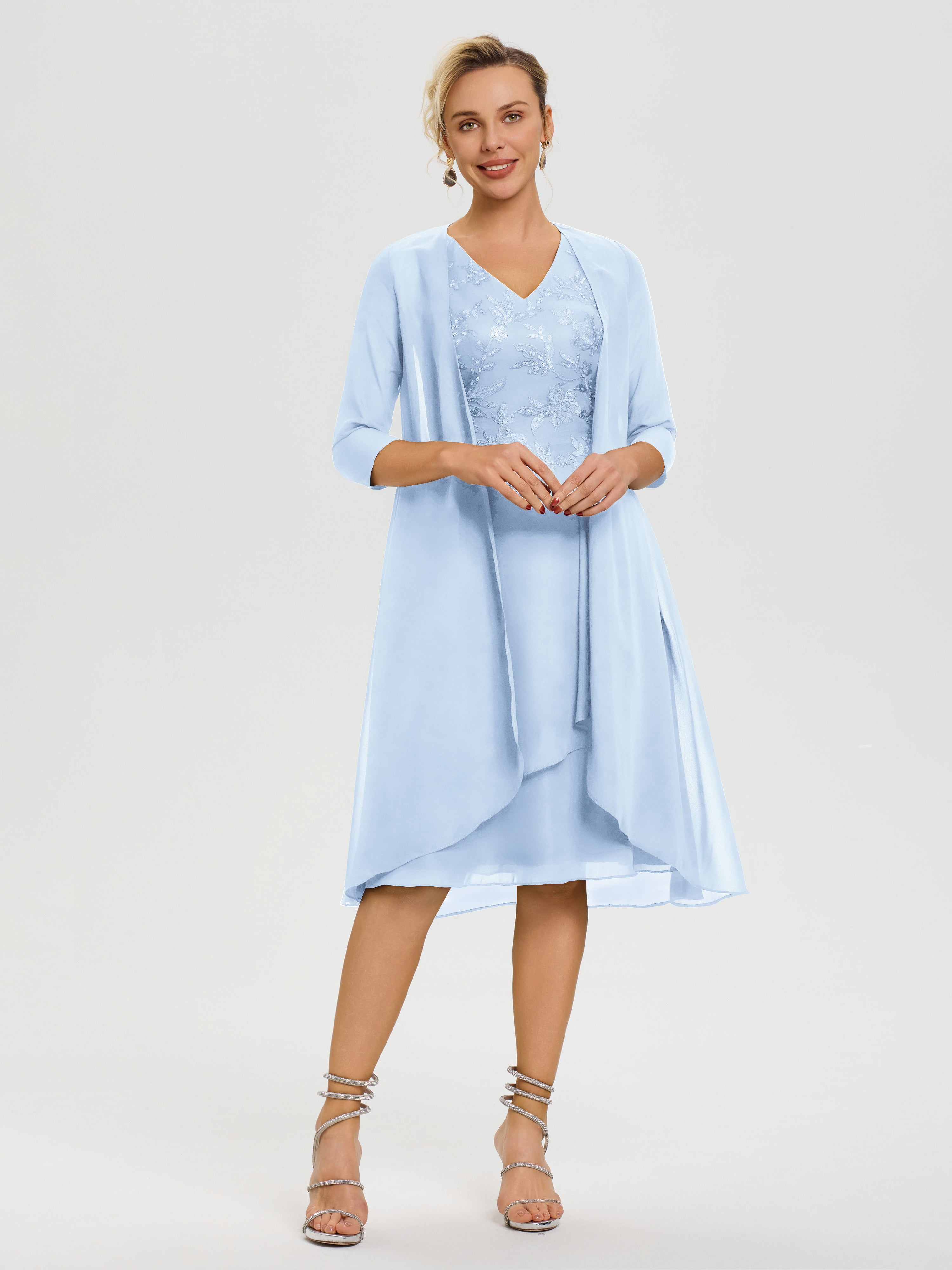 Robe Mère Mariée Bleu Ciel 2 Pièces Asymétrique Col V Mousseline & Dentelle Tenue Mère De La Mariée Très Chic