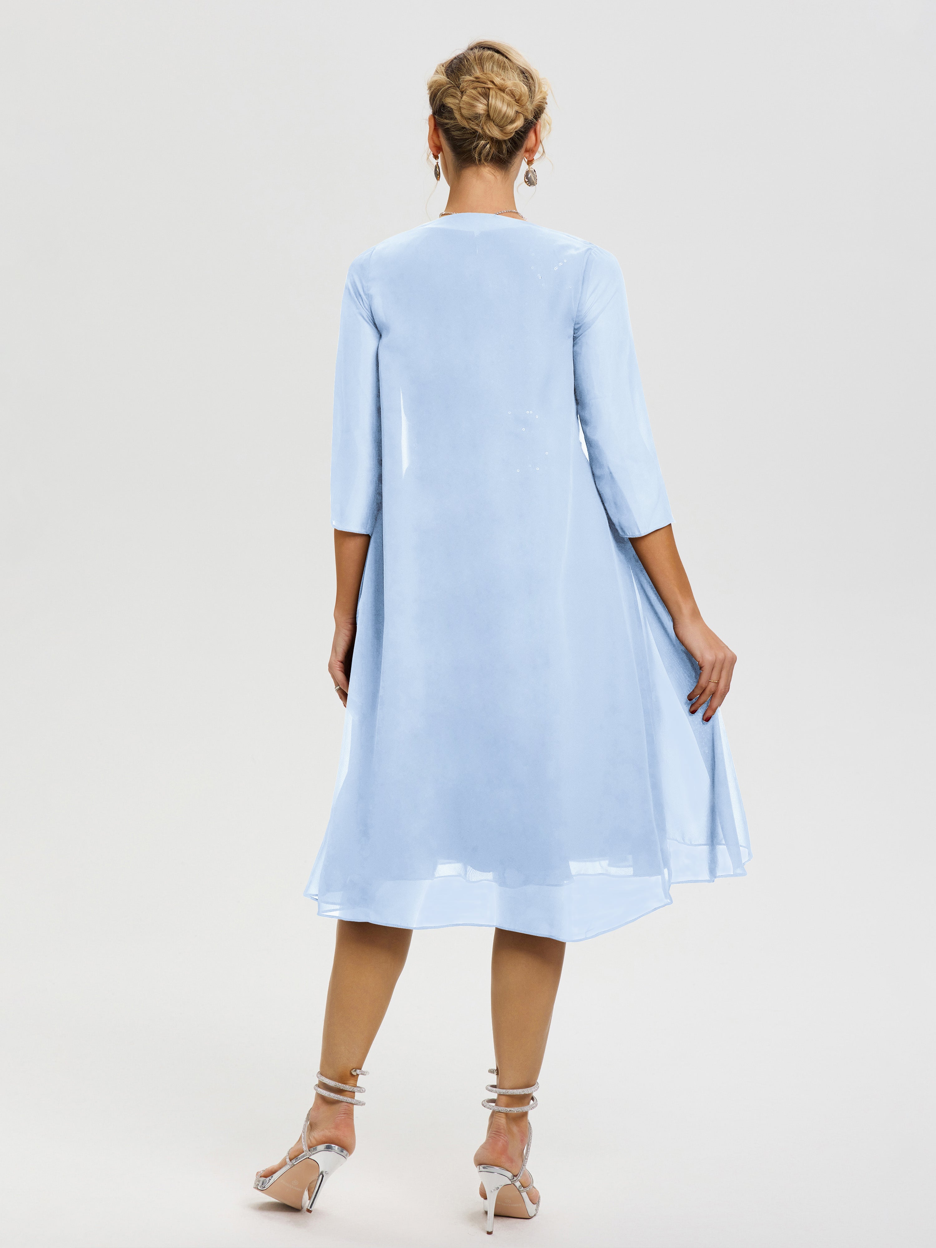 Robe Mère Mariée Bleu Ciel 2 Pièces Asymétrique Col V Mousseline & Dentelle Tenue Mère De La Mariée Très Chic