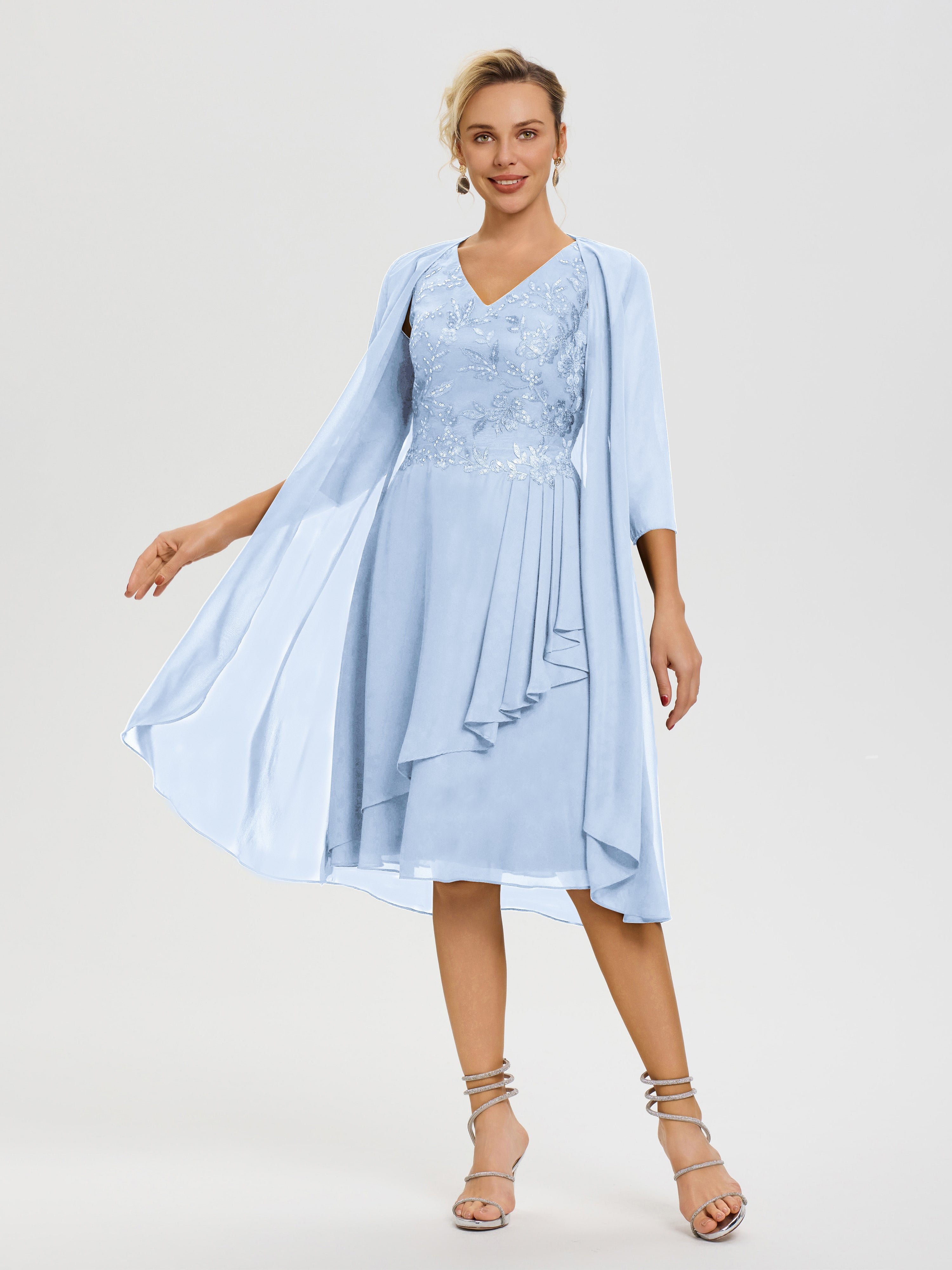 Robe Mère Mariée Bleu Ciel 2 Pièces Asymétrique Col V Mousseline & Dentelle Tenue Mère De La Mariée Très Chic