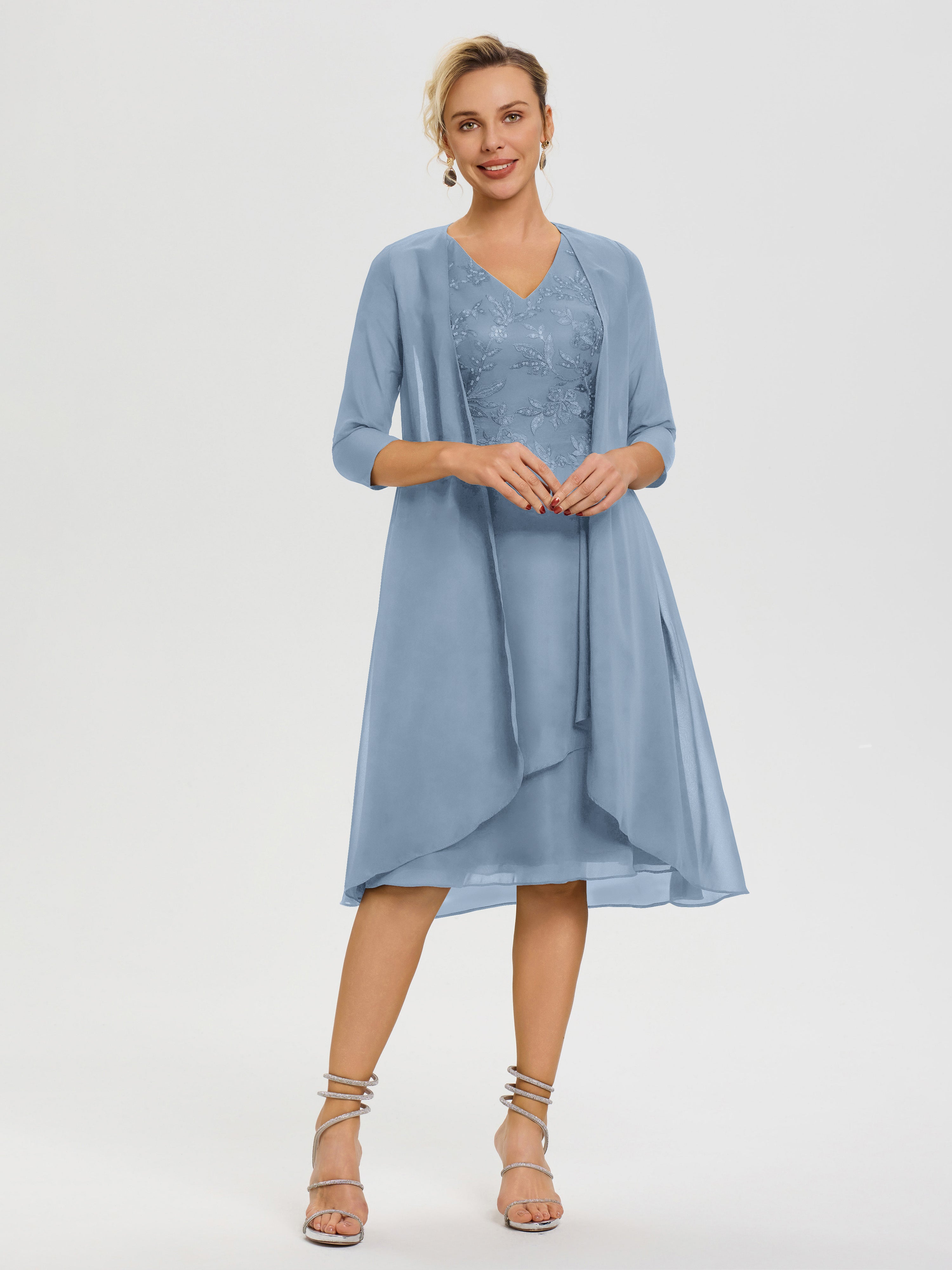 Robe Mère Mariée Bleu De Schiste 2 Pièces Asymétrique Col V Mousseline & Dentelle Tenue Mère De La Mariée Très Chic