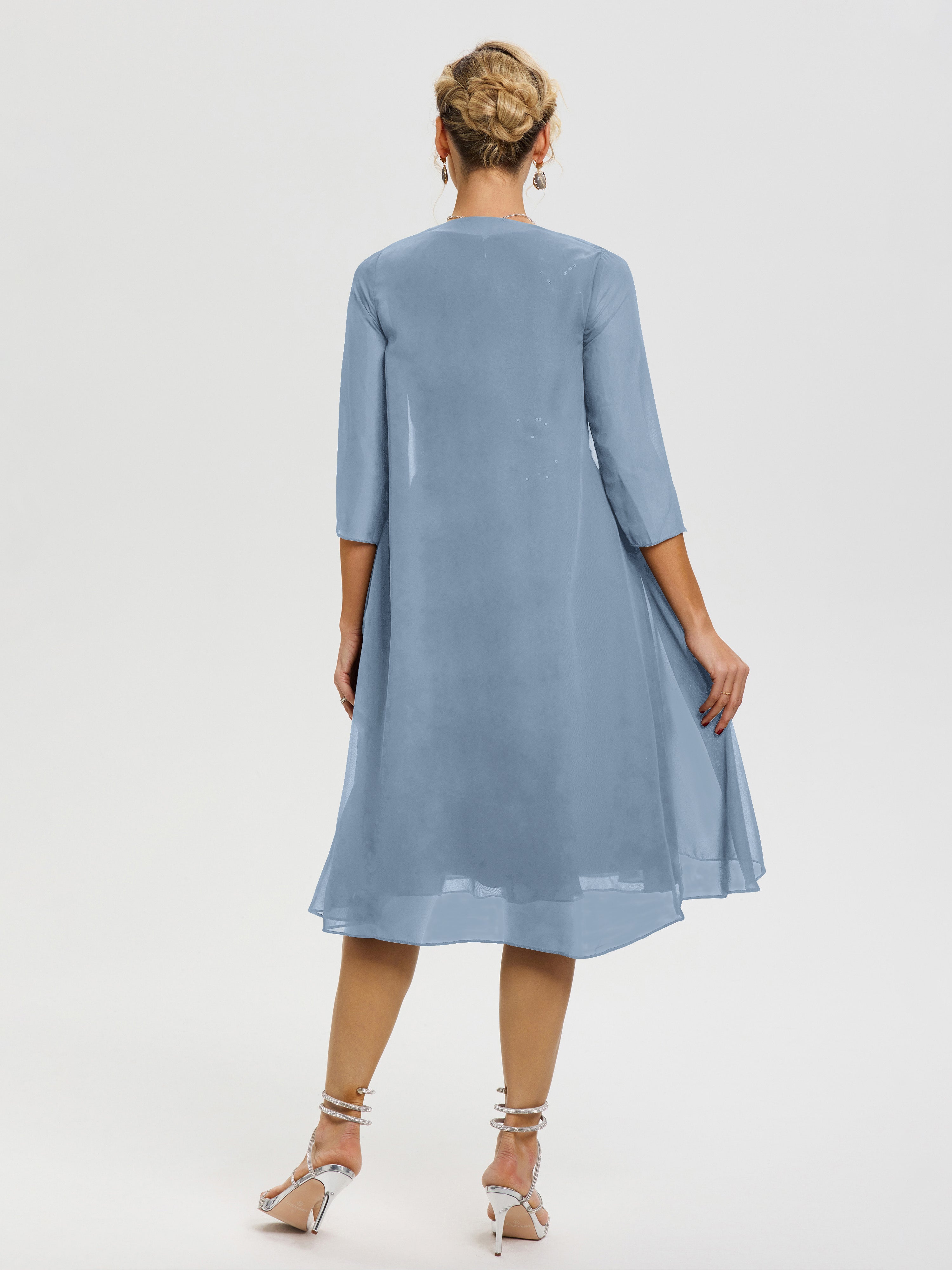 Robe Mère Mariée Bleu De Schiste 2 Pièces Asymétrique Col V Mousseline & Dentelle Tenue Mère De La Mariée Très Chic