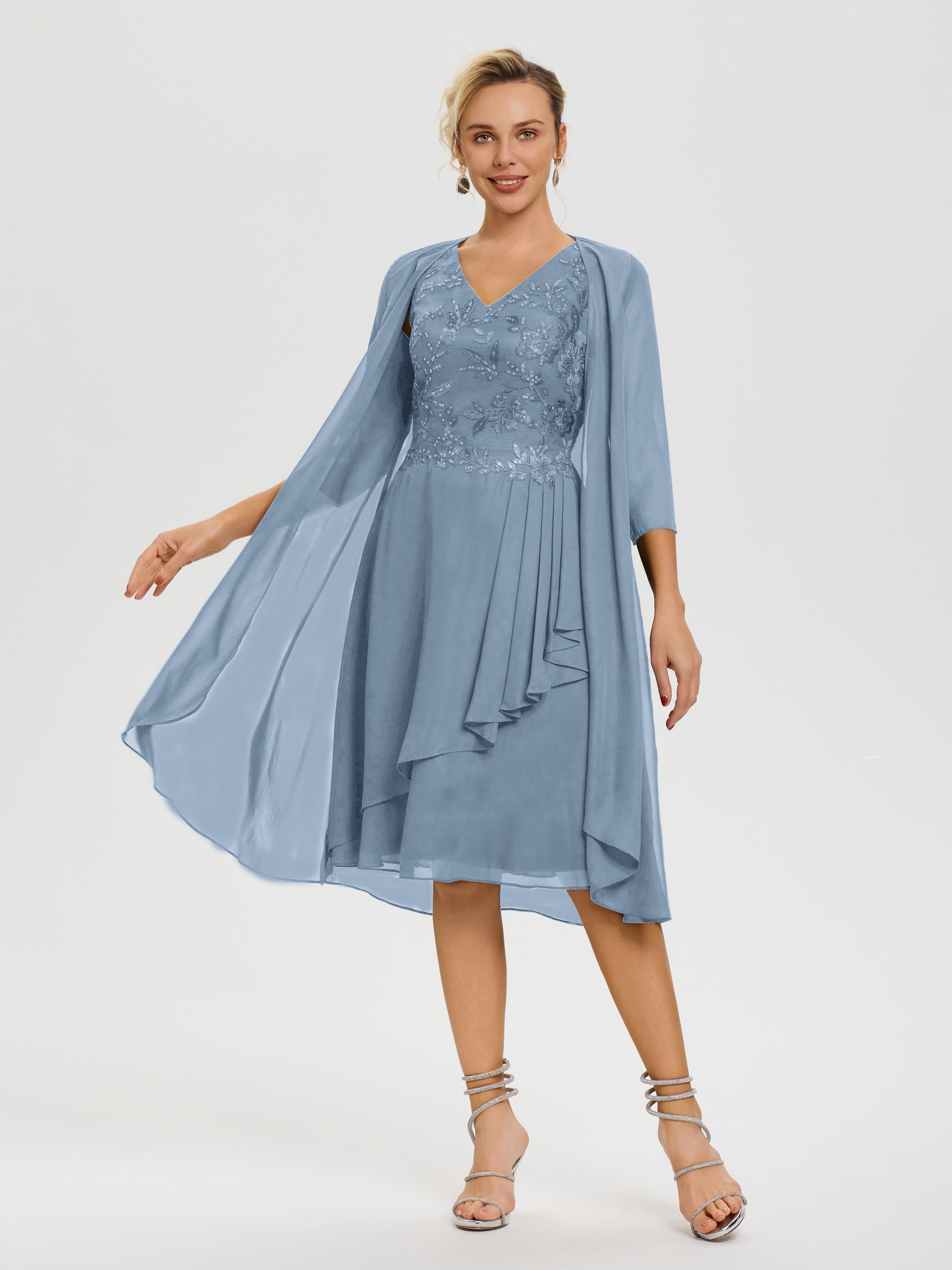Robe Mère Mariée Bleu De Schiste 2 Pièces Asymétrique Col V Mousseline & Dentelle Tenue Mère De La Mariée Très Chic