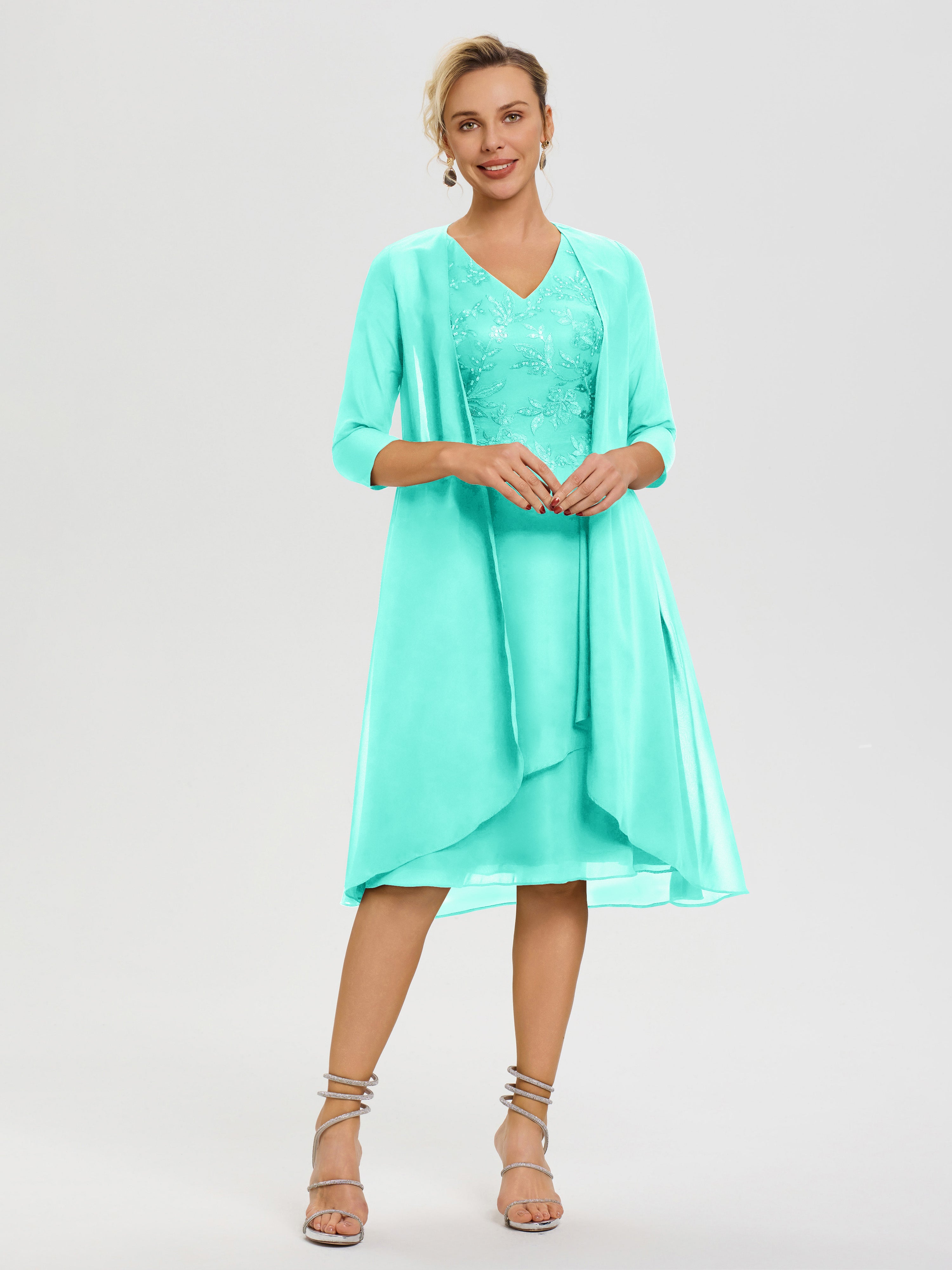 Robe Mère De Marié Spa 2 Pièces Asymétrique Col V Mousseline & Dentelle Tenue Mère De La Mariée Très Chic