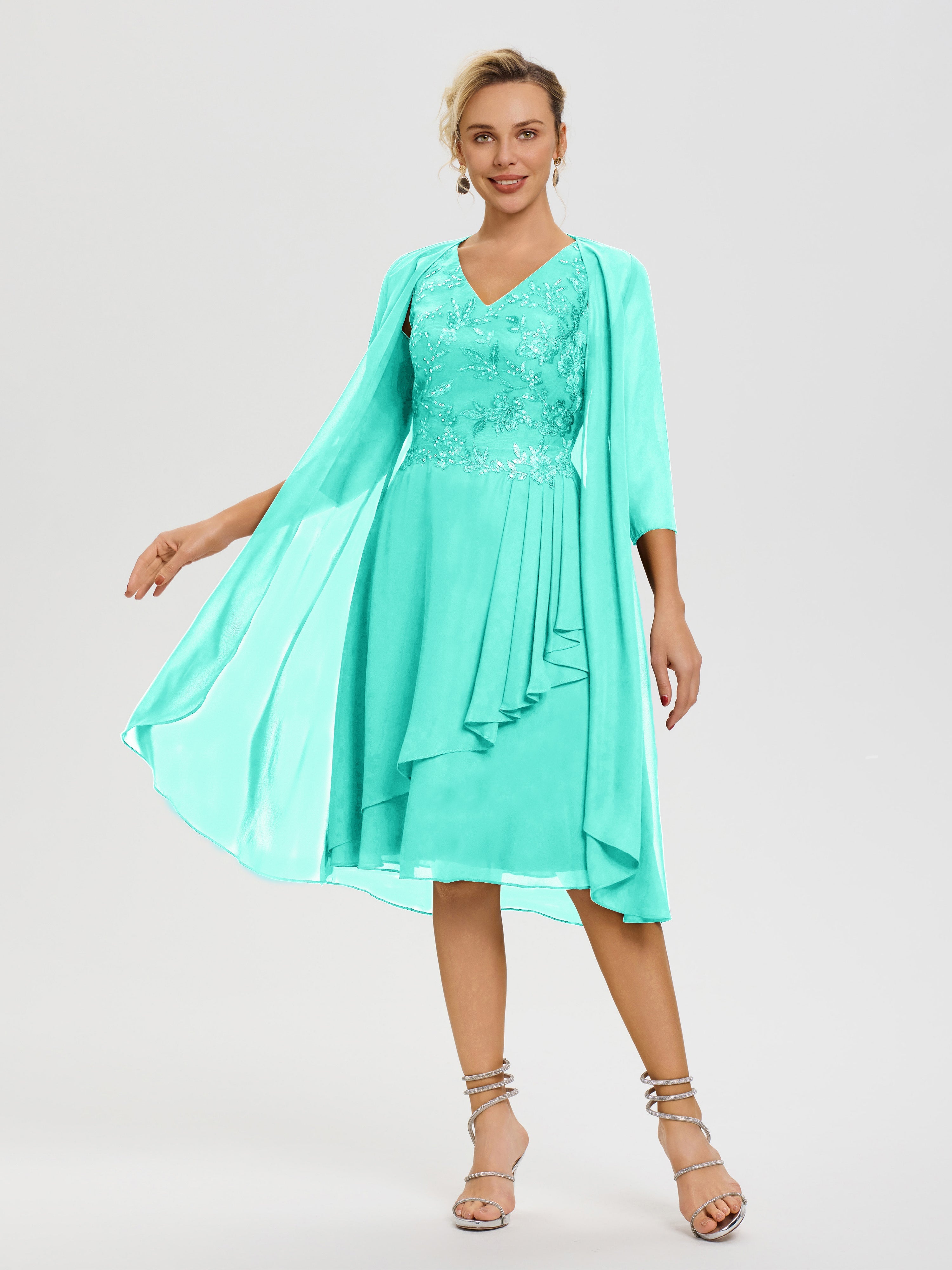 Robe Mère De Marié Spa 2 Pièces Asymétrique Col V Mousseline & Dentelle Tenue Mère De La Mariée Très Chic