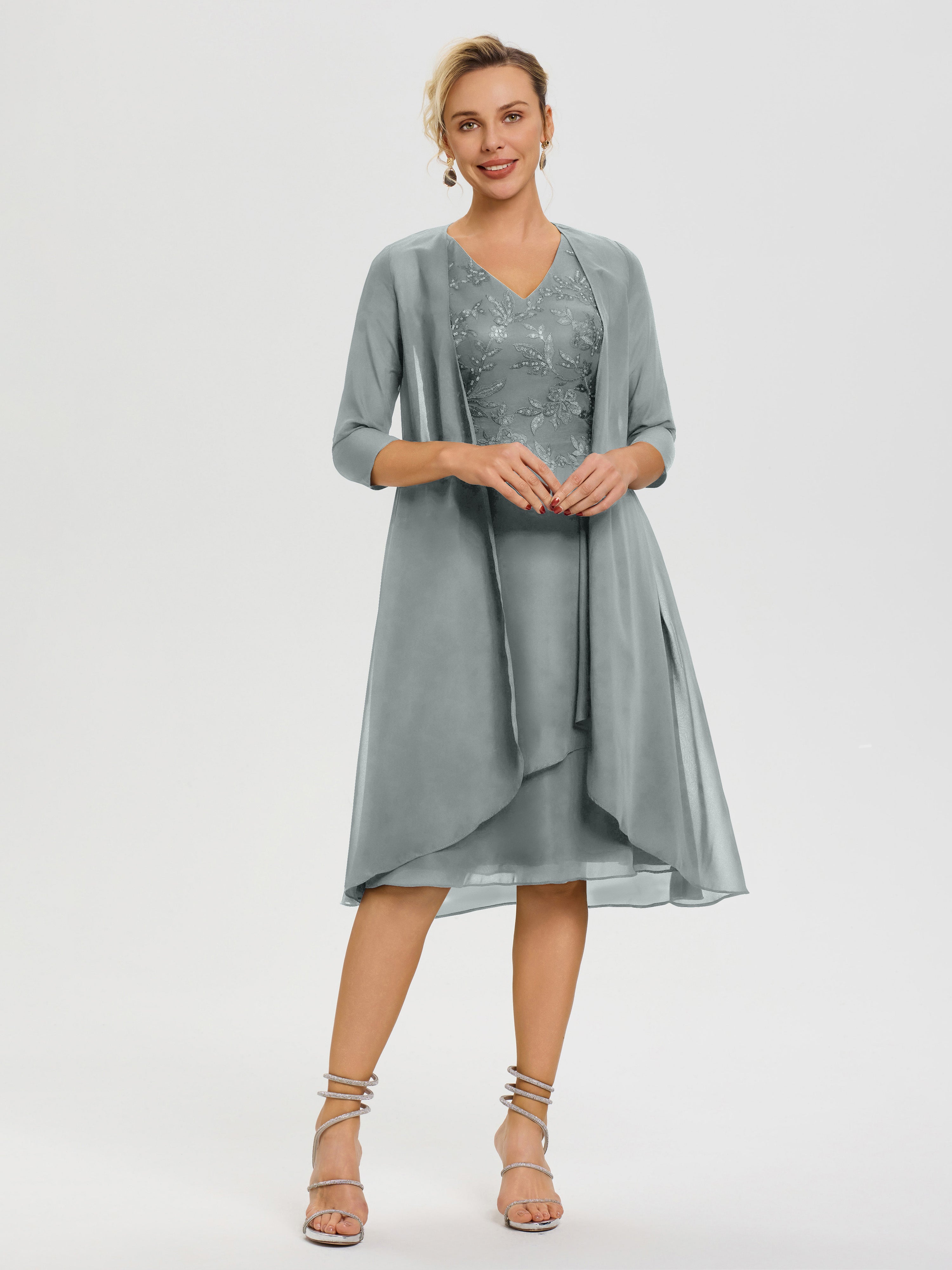 Robe Mère Mariée Gris Acier 2 Pièces Asymétrique Col V Mousseline & Dentelle Tenue Mère De La Mariée Très Chic