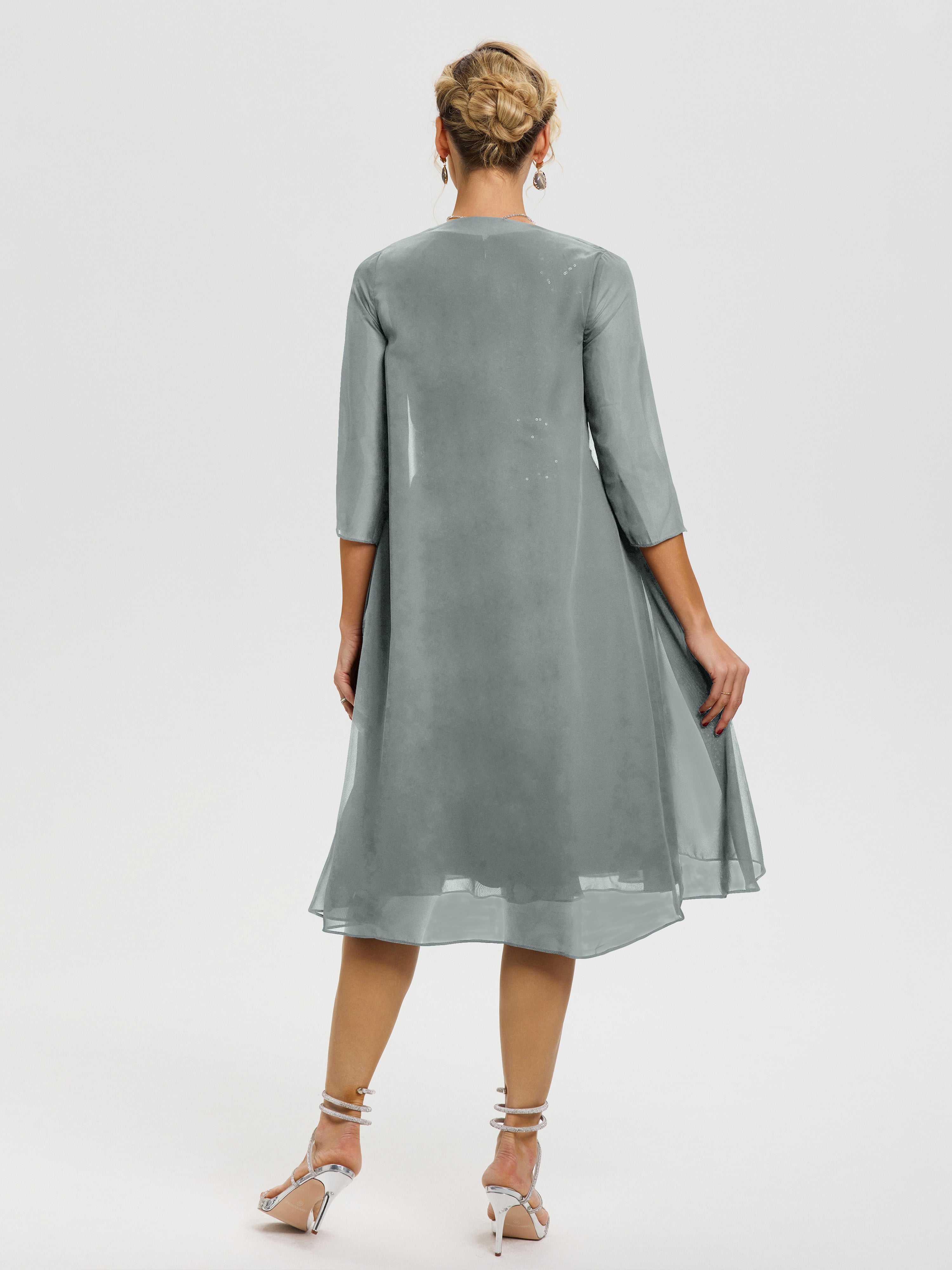 Robe Mère Mariée Gris Acier 2 Pièces Asymétrique Col V Mousseline & Dentelle Tenue Mère De La Mariée Très Chic