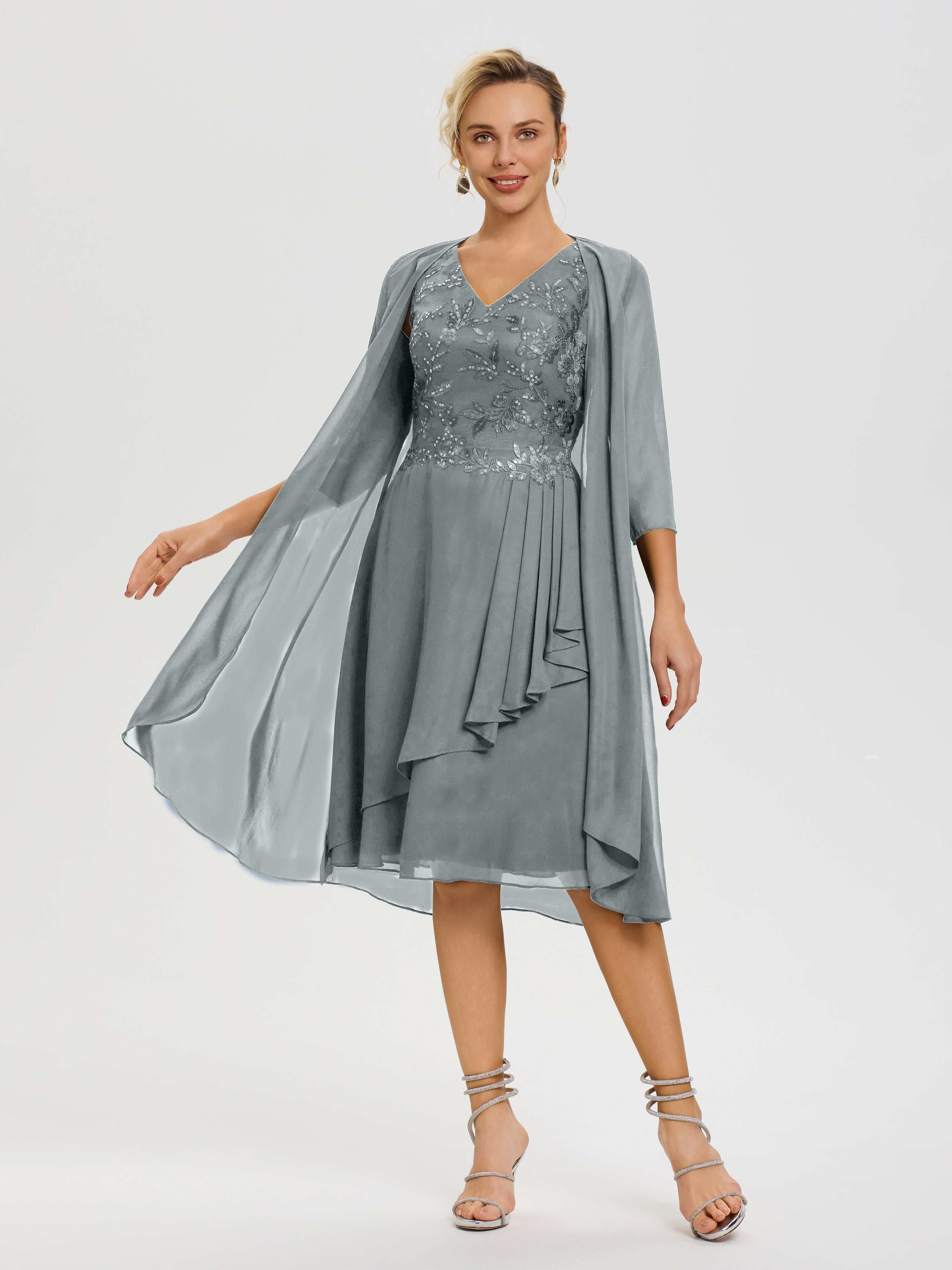 Robe Mère Mariée Gris Acier 2 Pièces Asymétrique Col V Mousseline & Dentelle Tenue Mère De La Mariée Très Chic