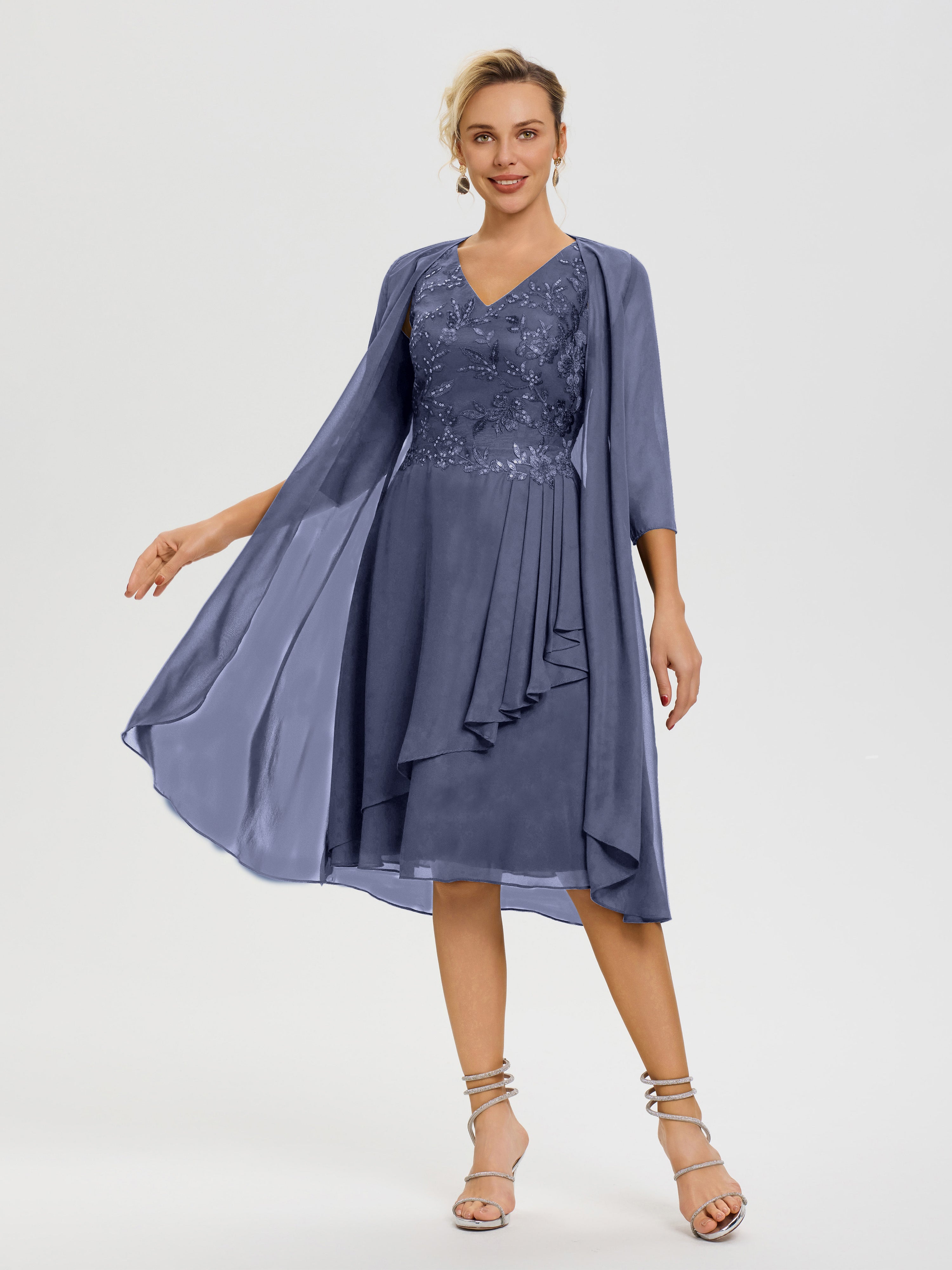 Robe Mère Mariée Orageux 2 Pièces Asymétrique Col V Mousseline & Dentelle Tenue Mère De La Mariée Très Chic