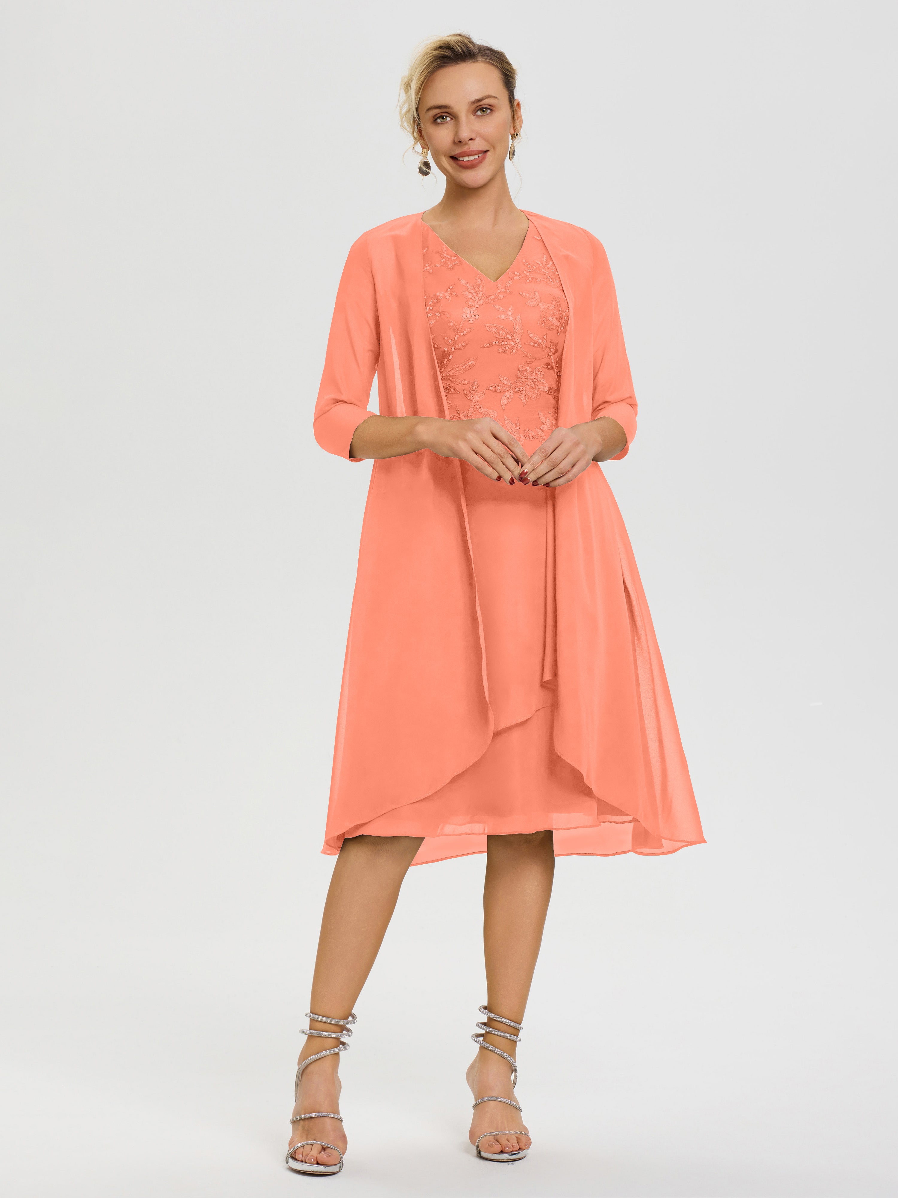 Robe Mère Mariée Coucher De Soleil 2 Pièces Asymétrique Col V Mousseline & Dentelle Tenue Mère De La Mariée Très Chic