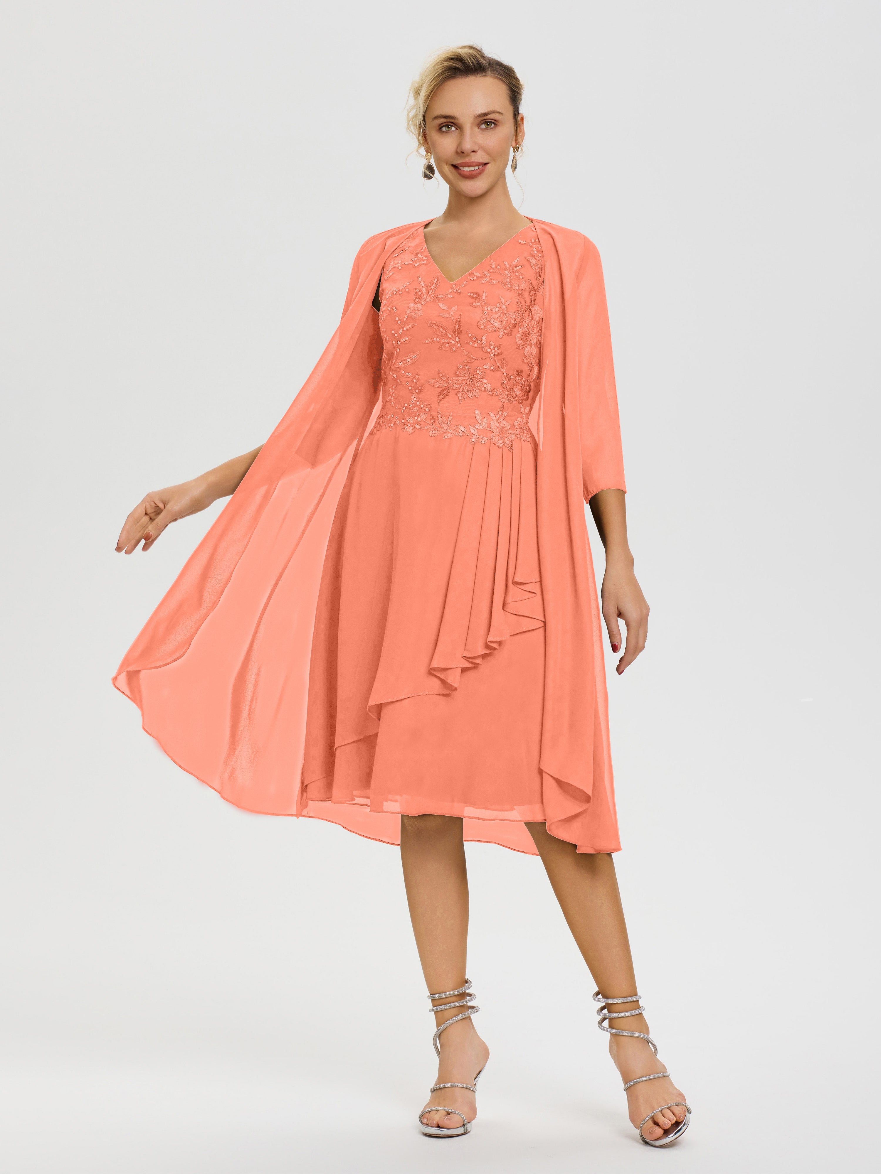 Robe Mère Mariée Coucher De Soleil 2 Pièces Asymétrique Col V Mousseline & Dentelle Tenue Mère De La Mariée Très Chic