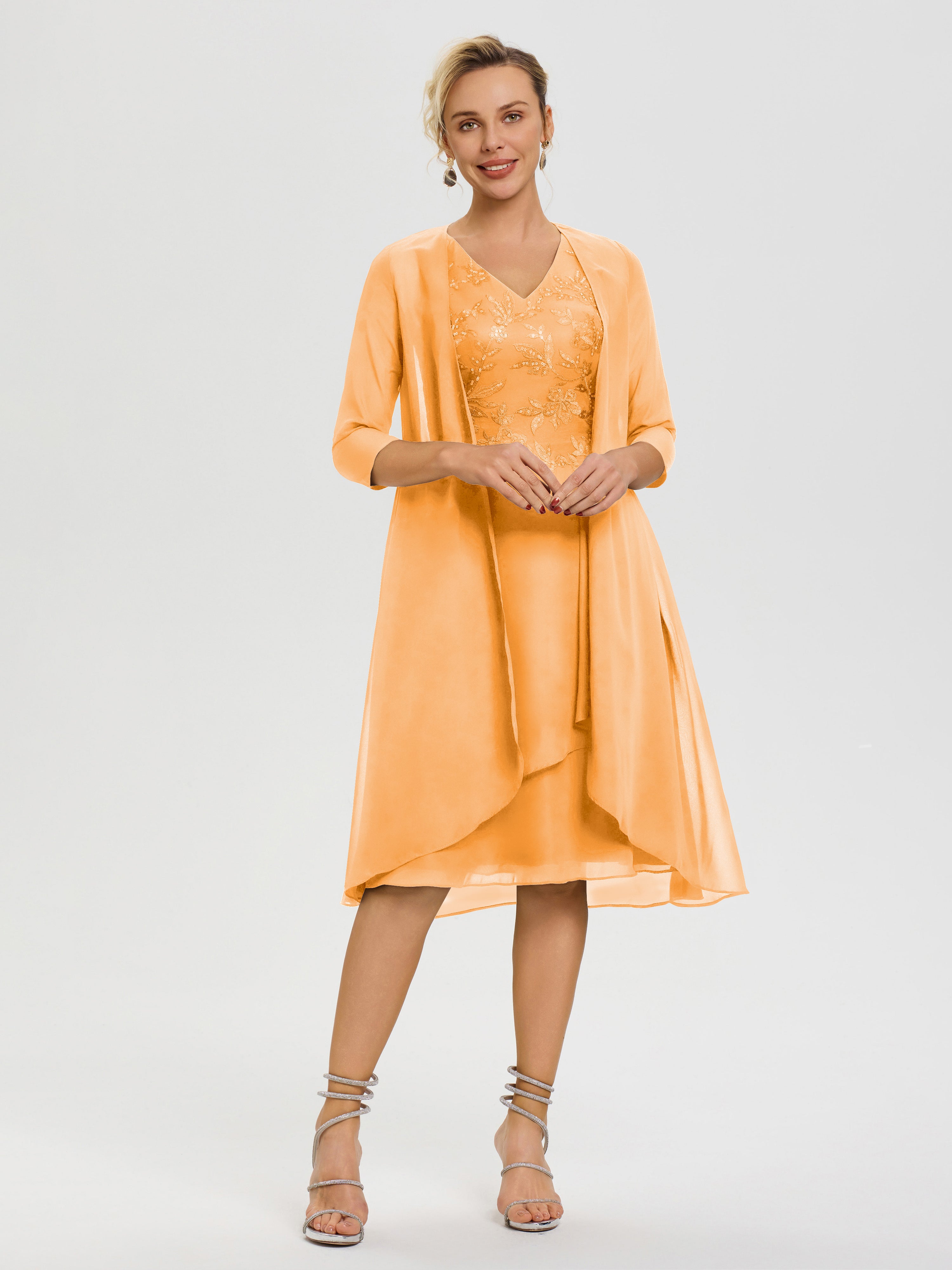 Robe Mère Mariée Mandarine 2 Pièces Asymétrique Col V Mousseline & Dentelle Tenue Mère De La Mariée Très Chic