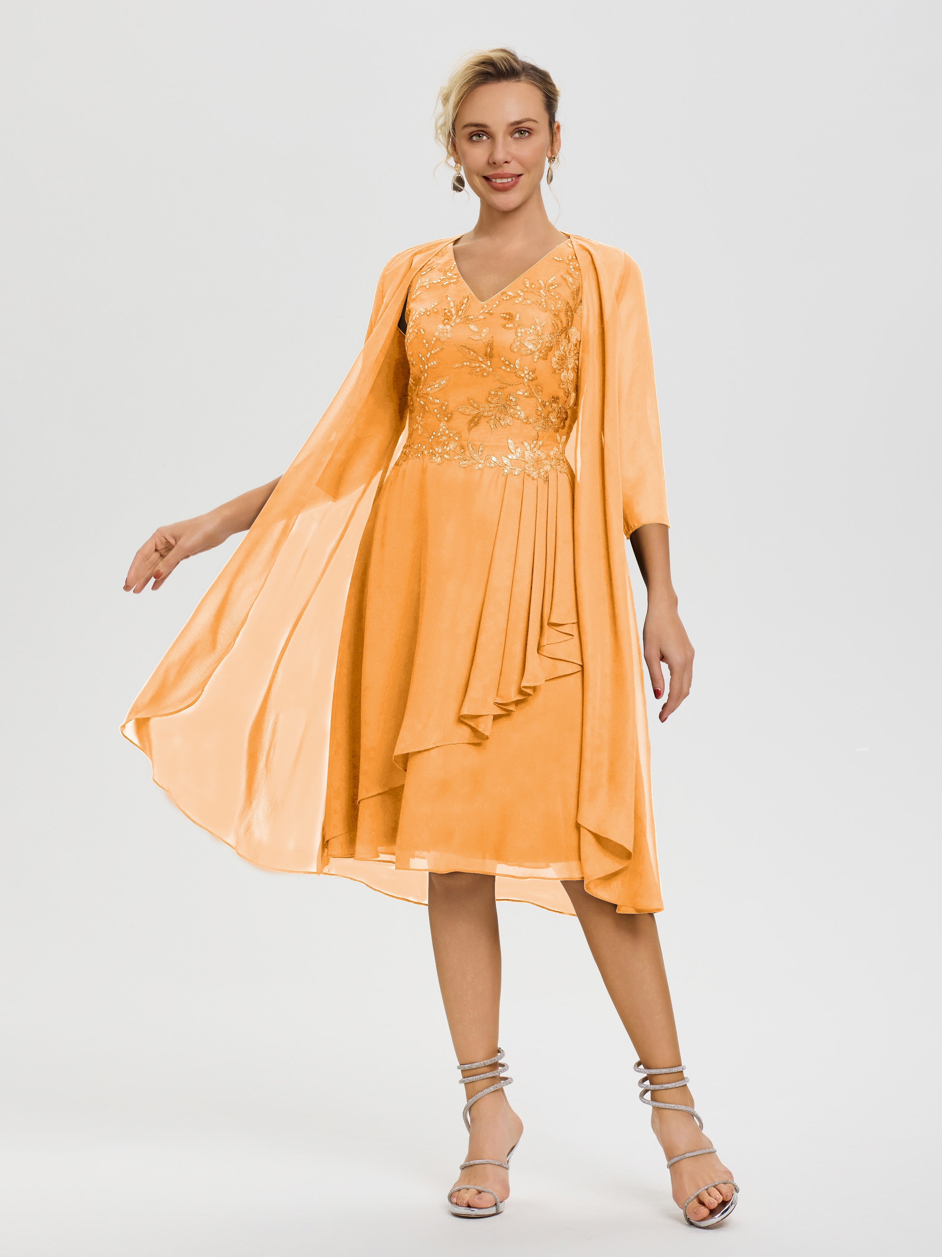 Robe Mère Mariée Mandarine 2 Pièces Asymétrique Col V Mousseline & Dentelle Tenue Mère De La Mariée Très Chic