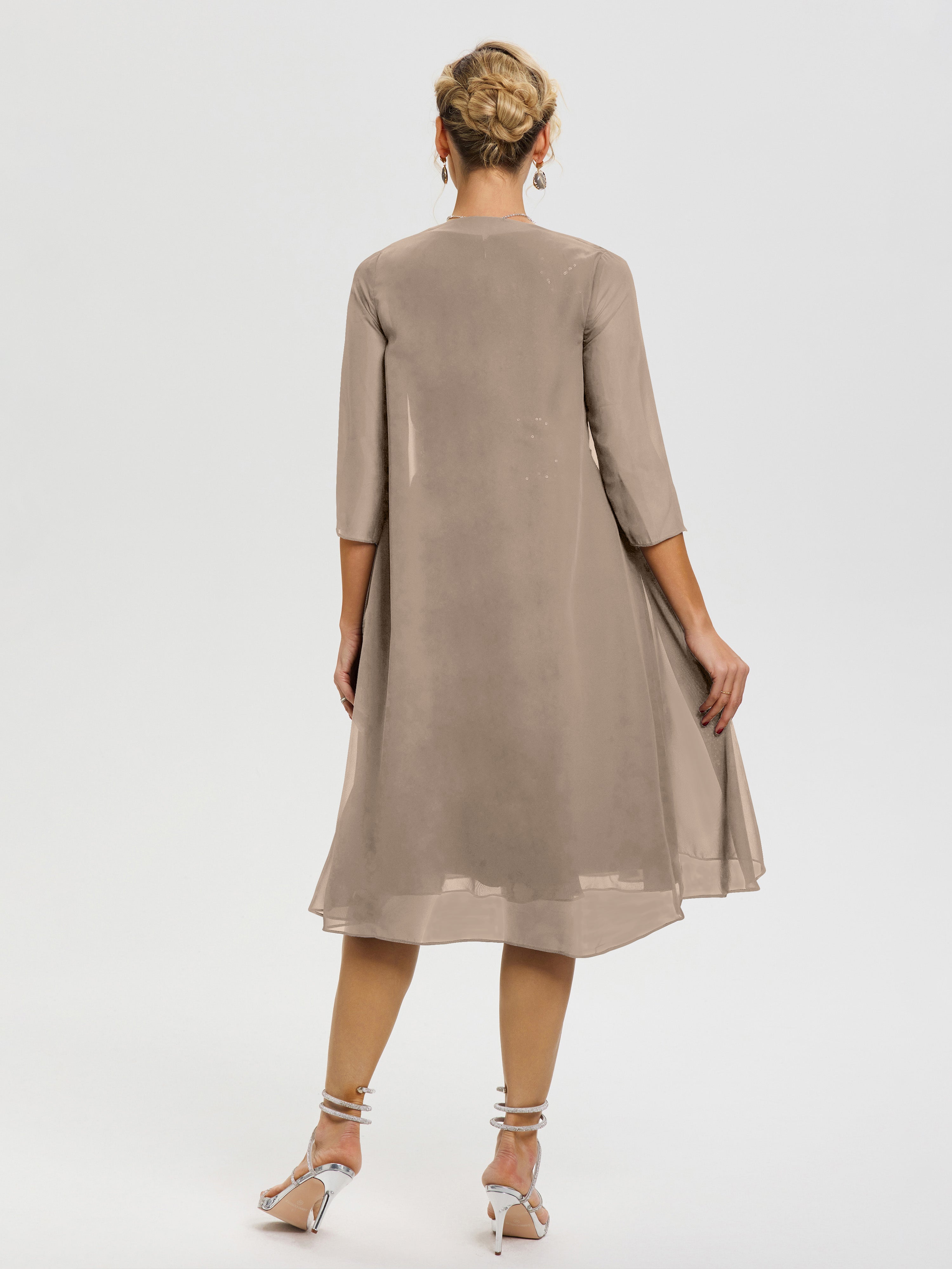 Robe Mère De Marié Taupe 2 Pièces Asymétrique Col V Mousseline & Dentelle Tenue Mère De La Mariée Très Chic