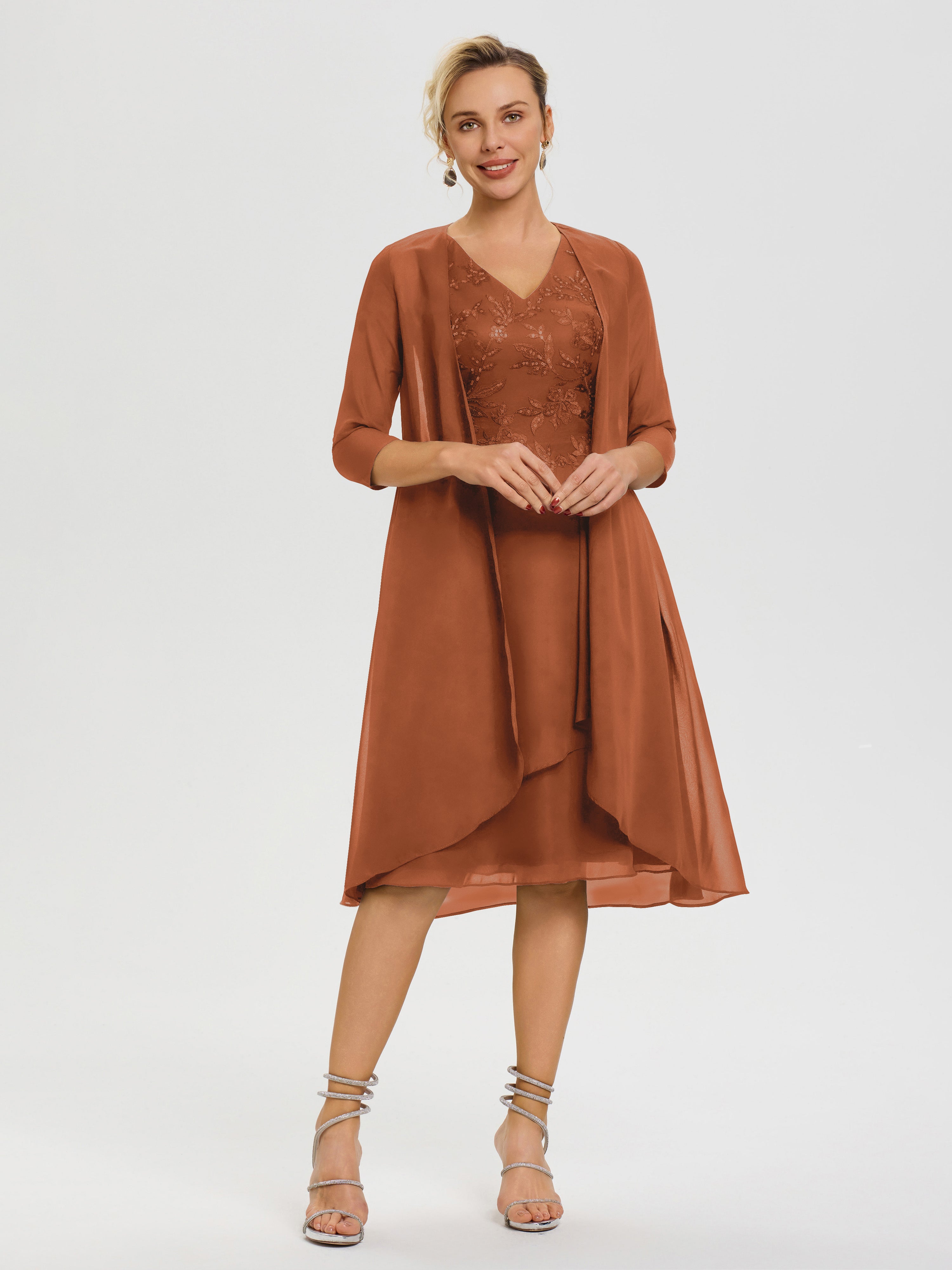 Robe Mere De La Mariee Terracotta 2 Pièces Asymétrique Col V Mousseline & Dentelle Tenue Mère De La Mariée Très Chic