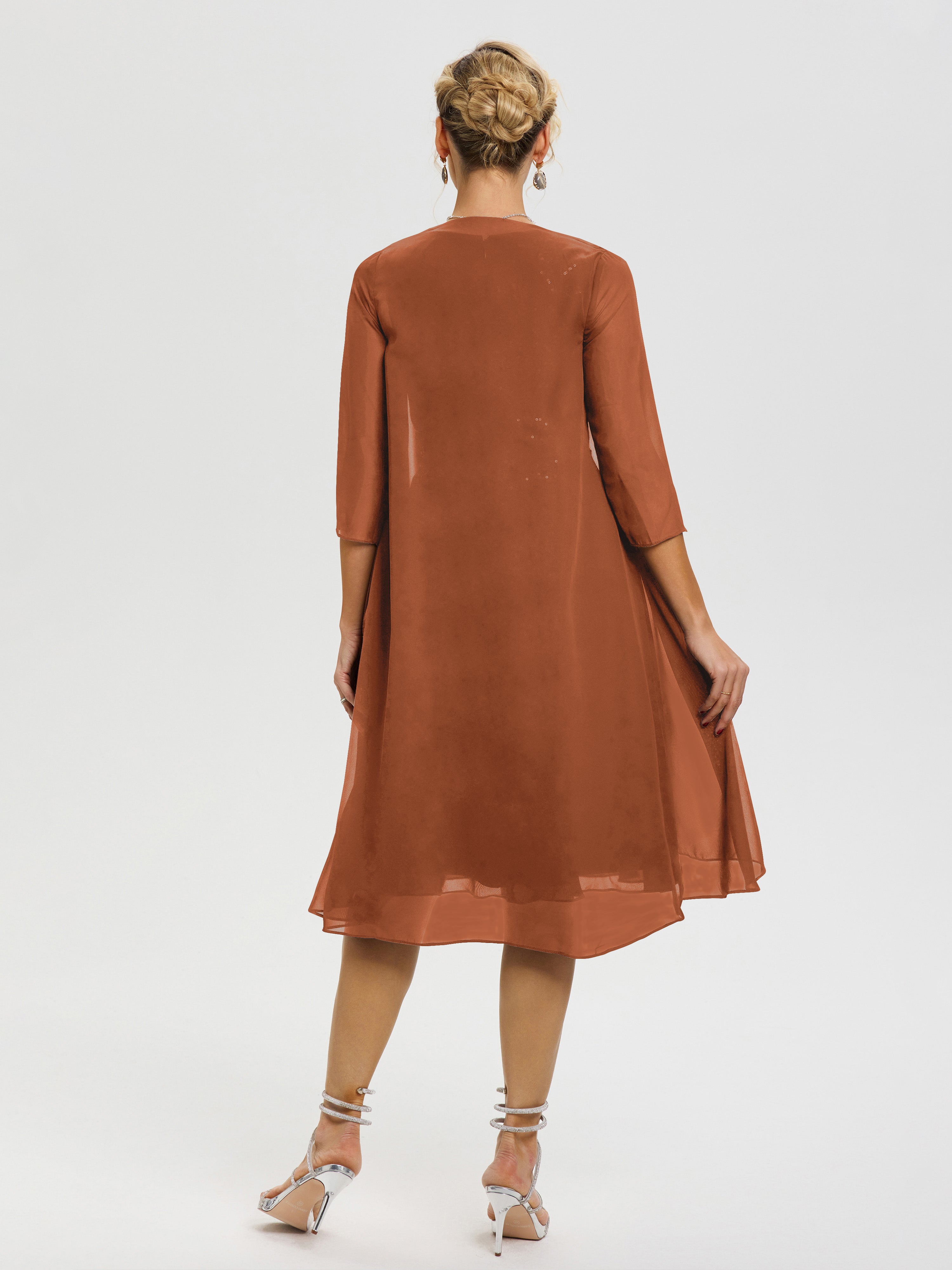 Robe Mere De La Mariee Terracotta 2 Pièces Asymétrique Col V Mousseline & Dentelle Tenue Mère De La Mariée Très Chic